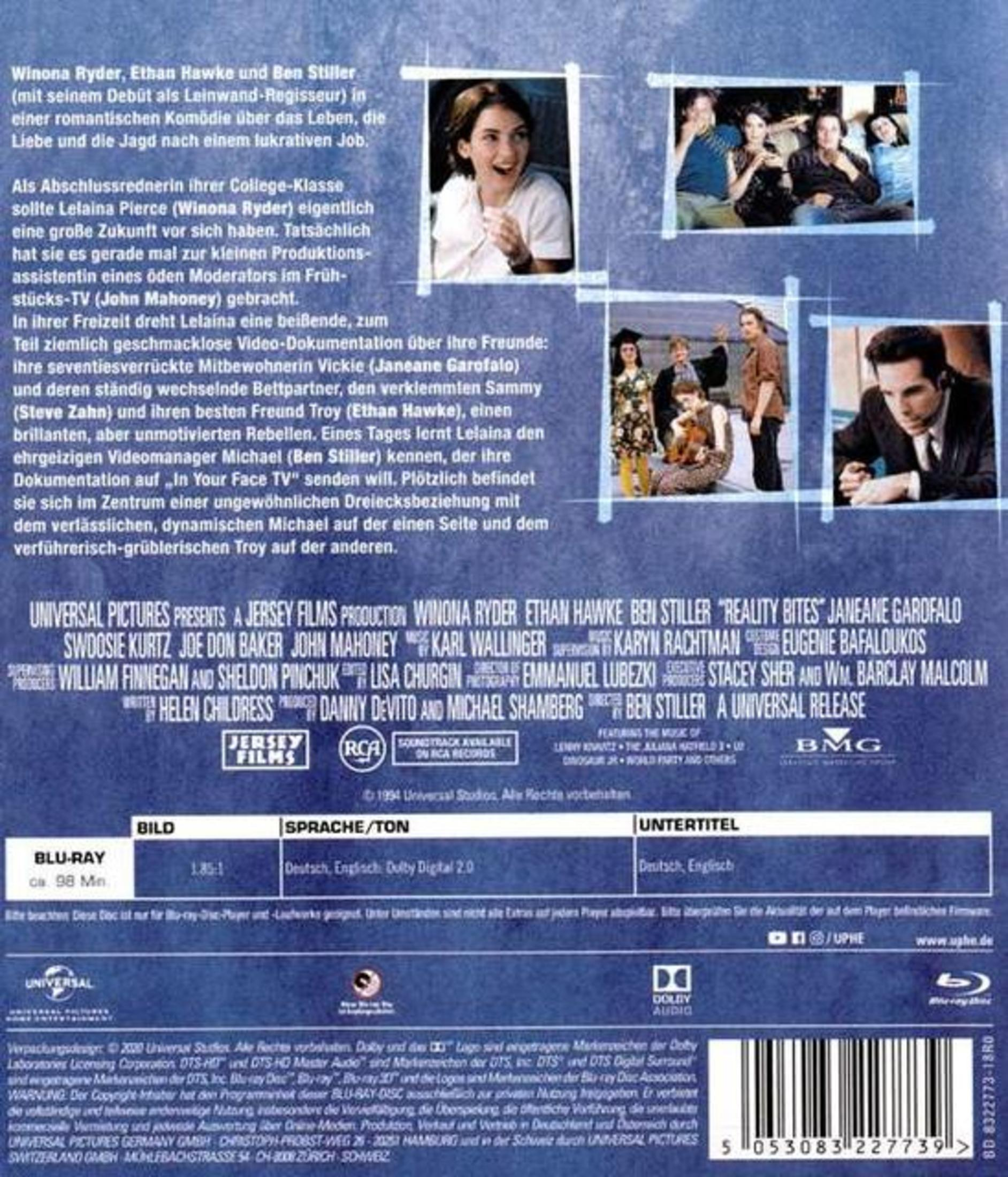 Rückseite der Blu-ray-Hülle des Films Reality Bites mit Winona Ryder, Ethan Hawke und Ben Stiller.