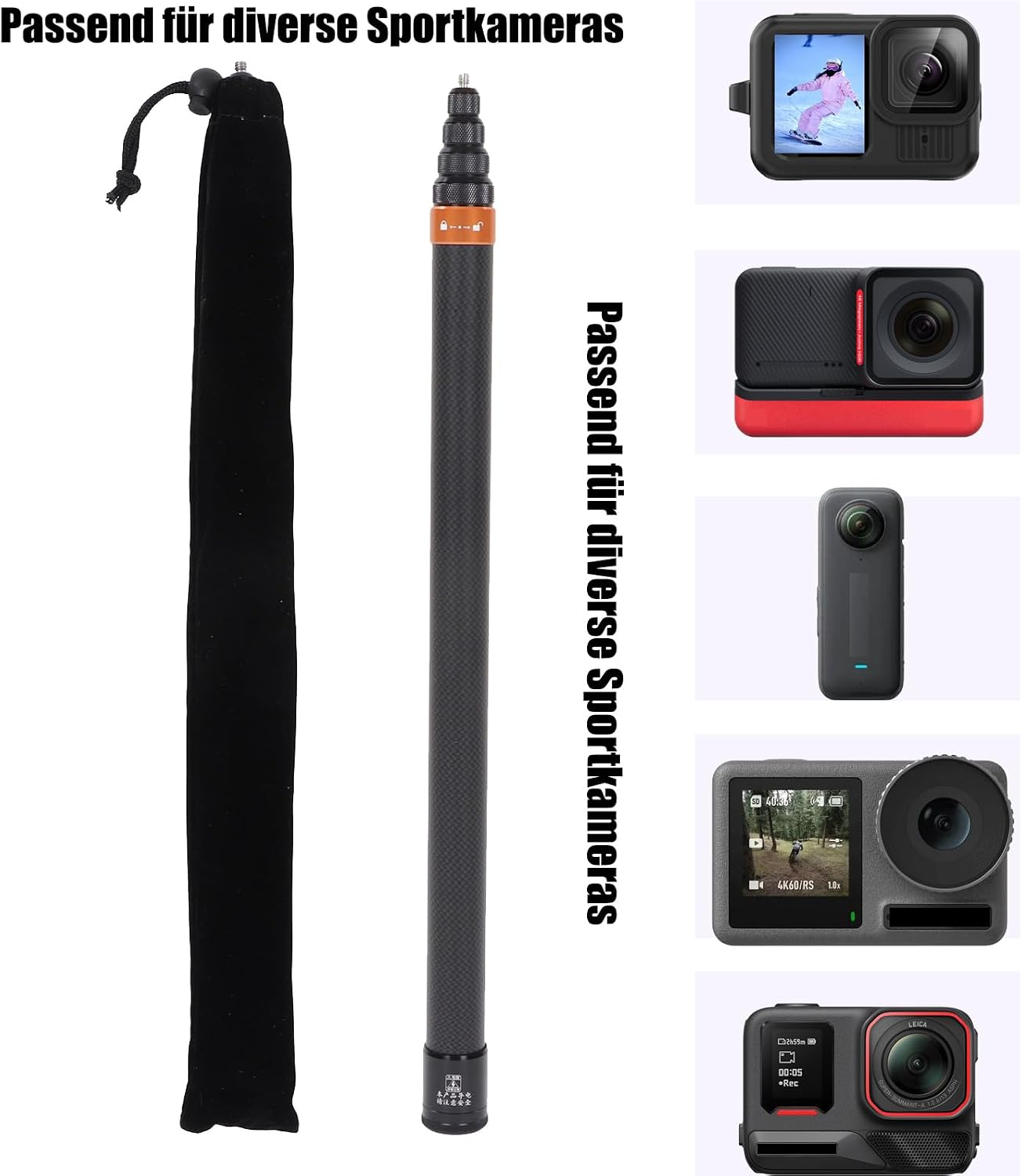Ein ausziehbarer Carbon-Selfie-Stick, eine schwarze Tasche und fünf kompatible Action-Kameras rechts.