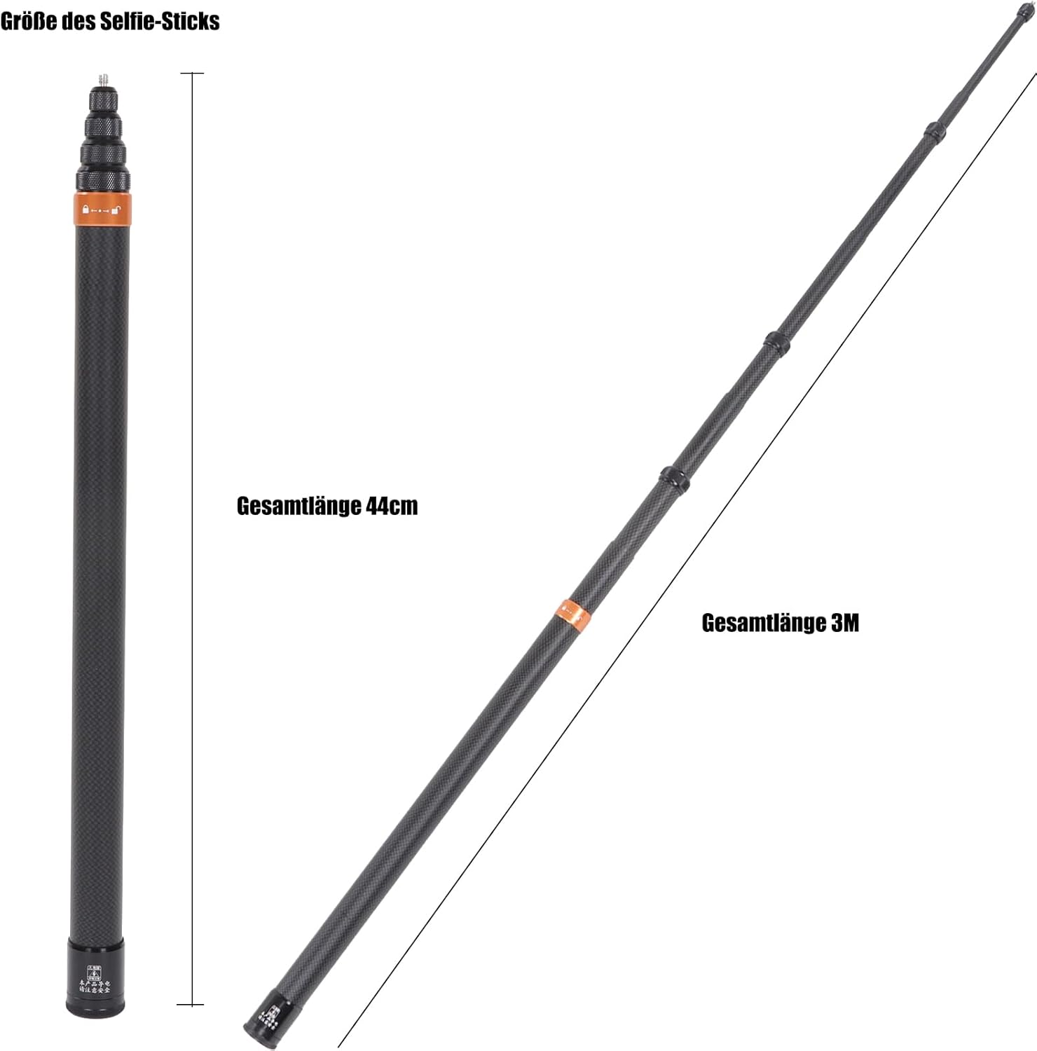 Ein teleskopischer Selfie-Stick mit 44cm und ausgezogen 3M Länge.