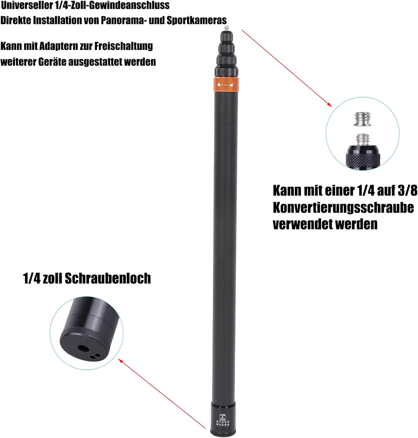 Ausziehbarer Kamerastab mit Universalgewinde und Schraubenförmigen Details.