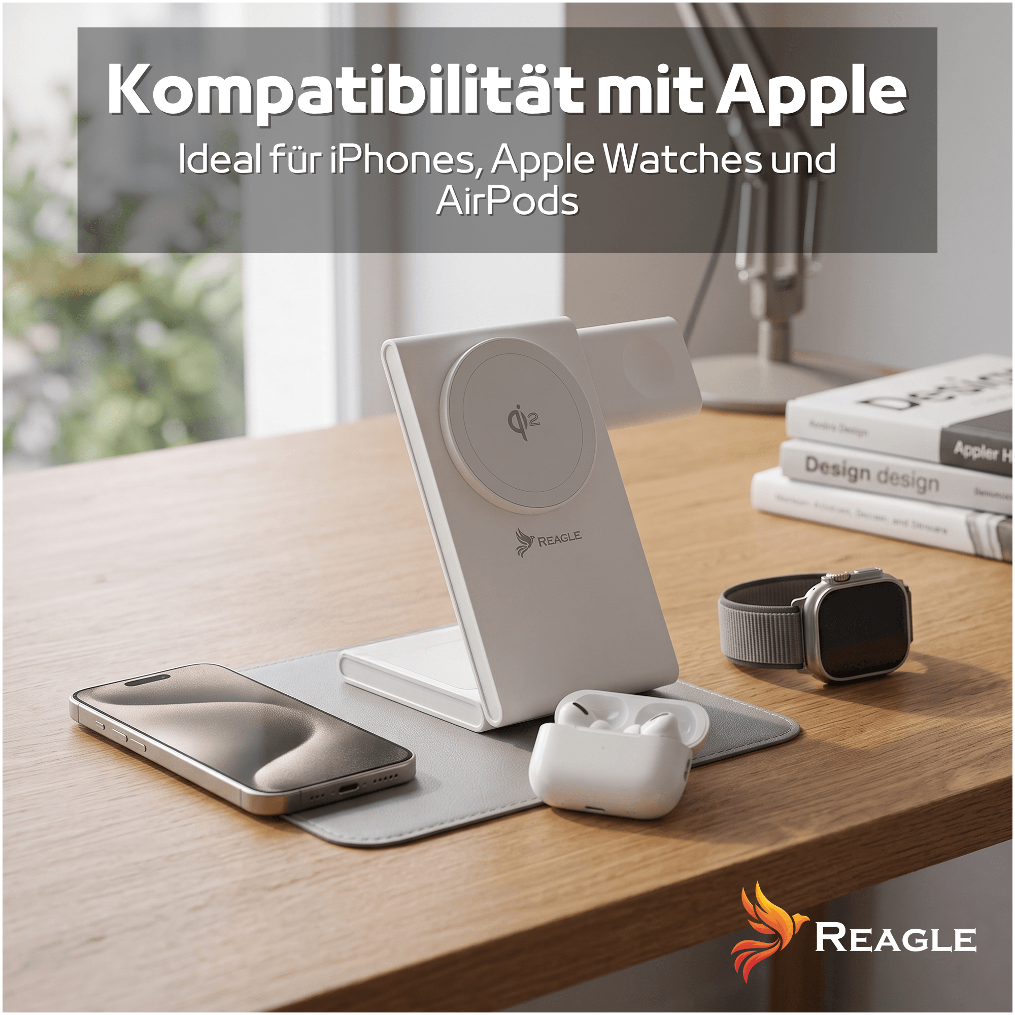 Biała bezprzewodowa stacja ładująca do iPhone'ów, Apple Watchy i AirPodsów na drewnianym stole.