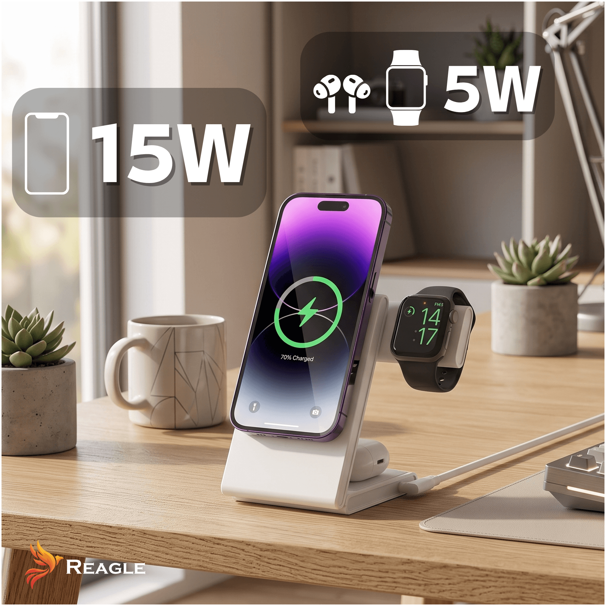 Biala stacja ładująca zasila smartfon, zegarek i słuchawki.