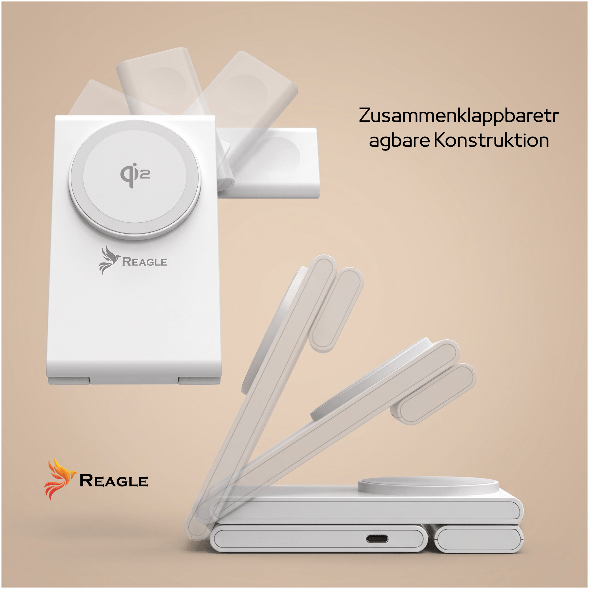 Biała, składana bezprzewodowa stacja ładująca z logo Reagle na beżowym tle.