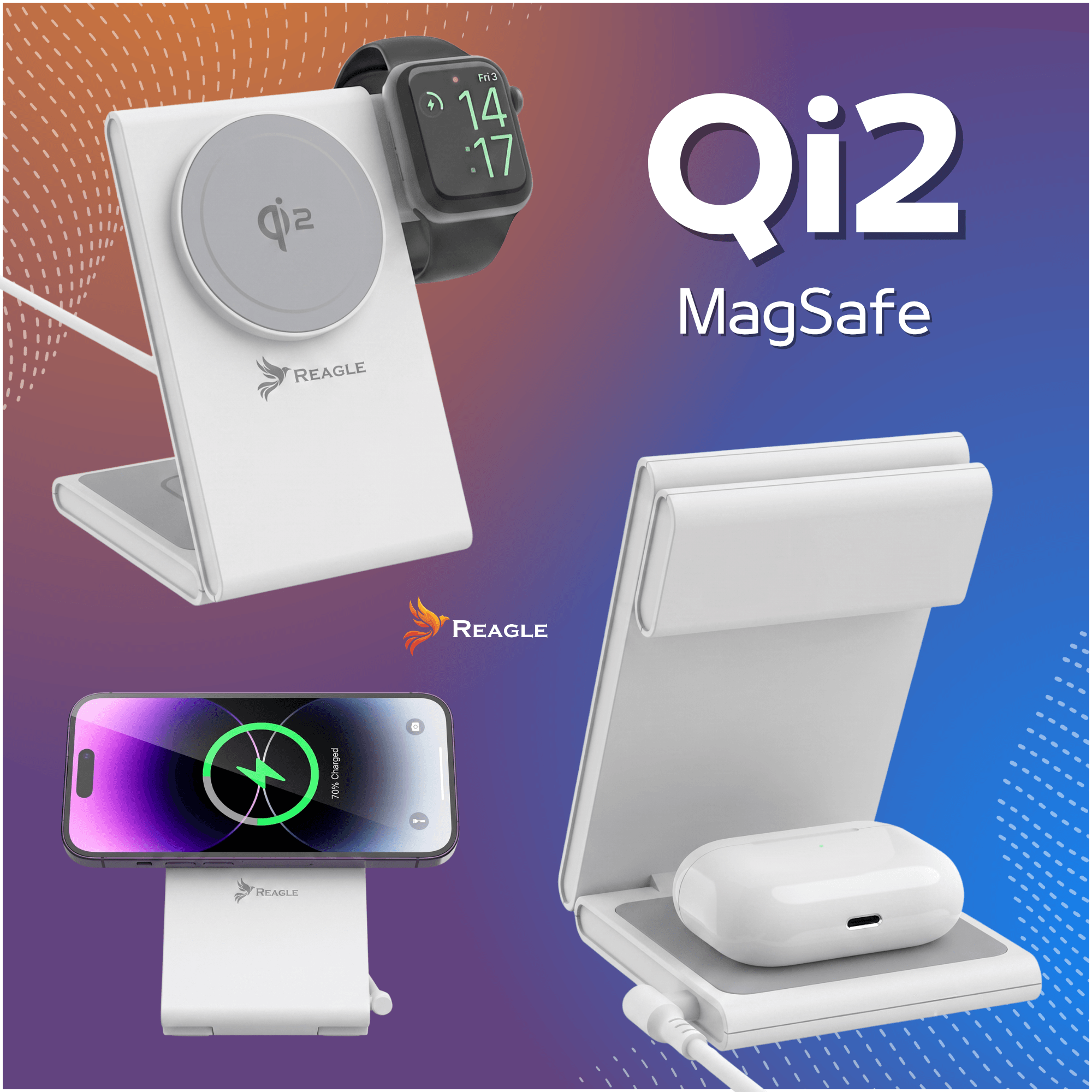 Biale ladowarki bezprzewodowe Reagle Qi2 MagSafe do telefonow, smartwatchy i sluchawek na kolorowym tle.