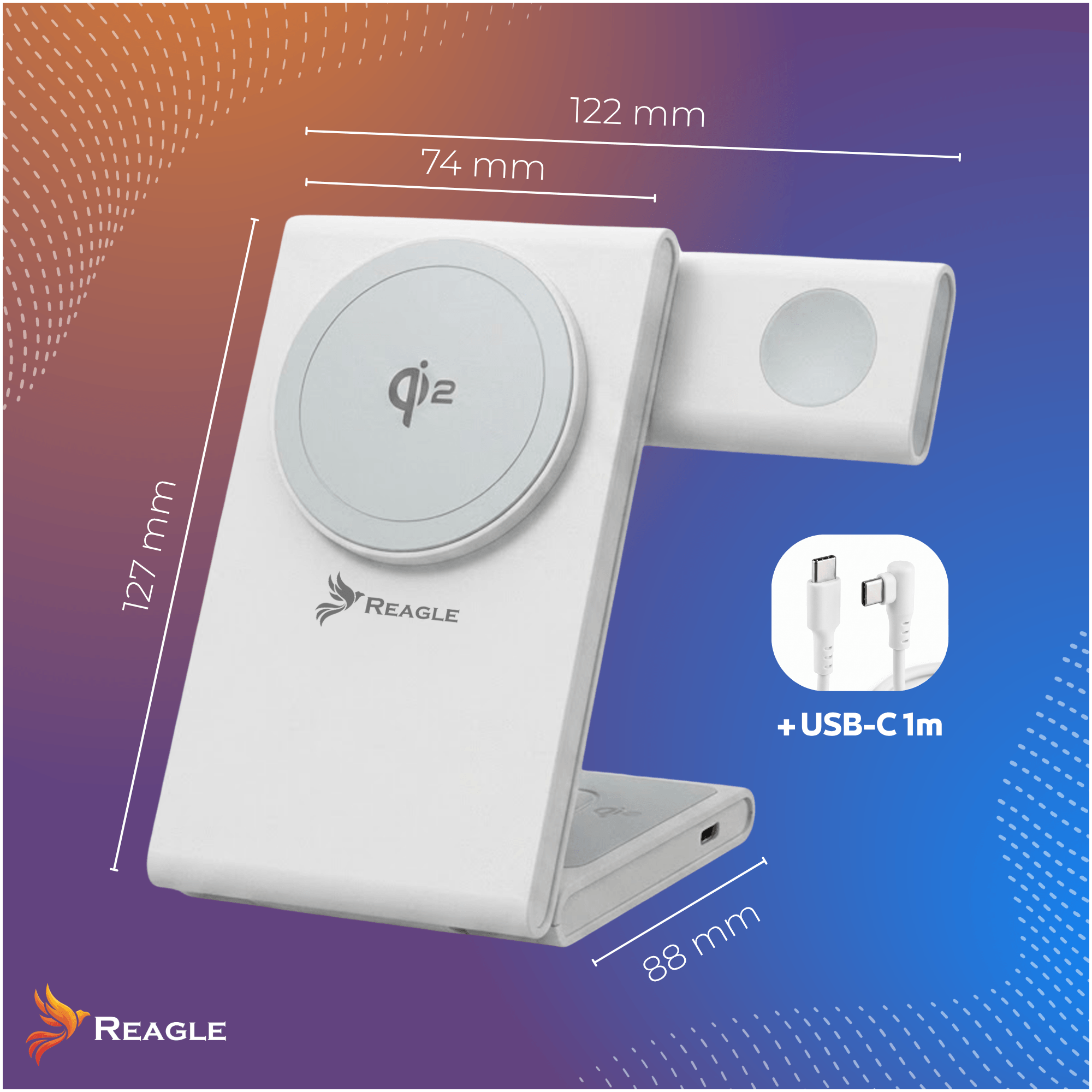 Biala bezprzewodowa ladowarka Reagle z wymiarami, uchwytem na zegarek i kablem USB-C na niebiesko-pomaranczowym tle.
