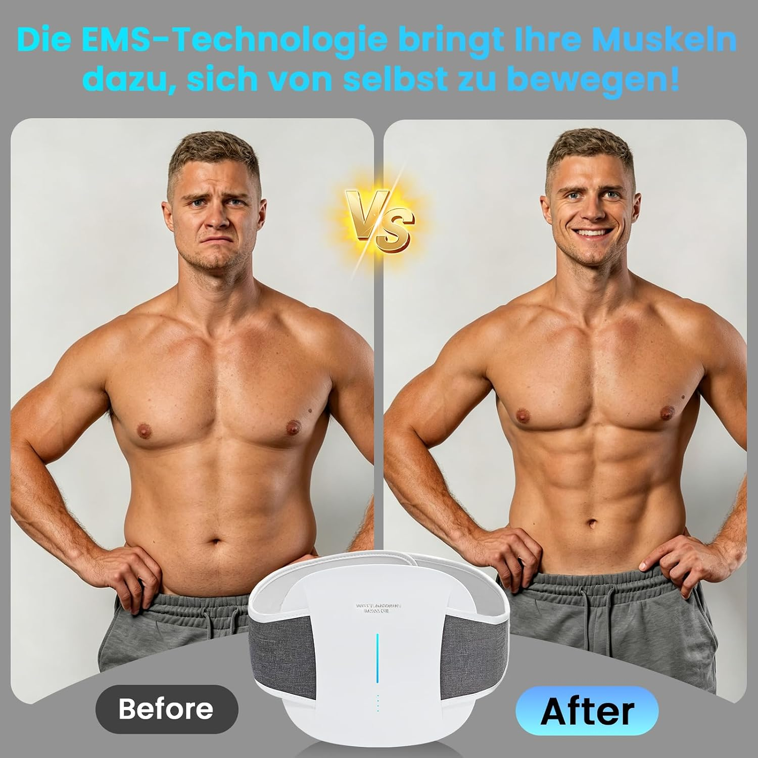 Vorher-Nachher-Vergleich eines Mannes mit einem EMS-Fitnessgürtel und deutschem Text.
