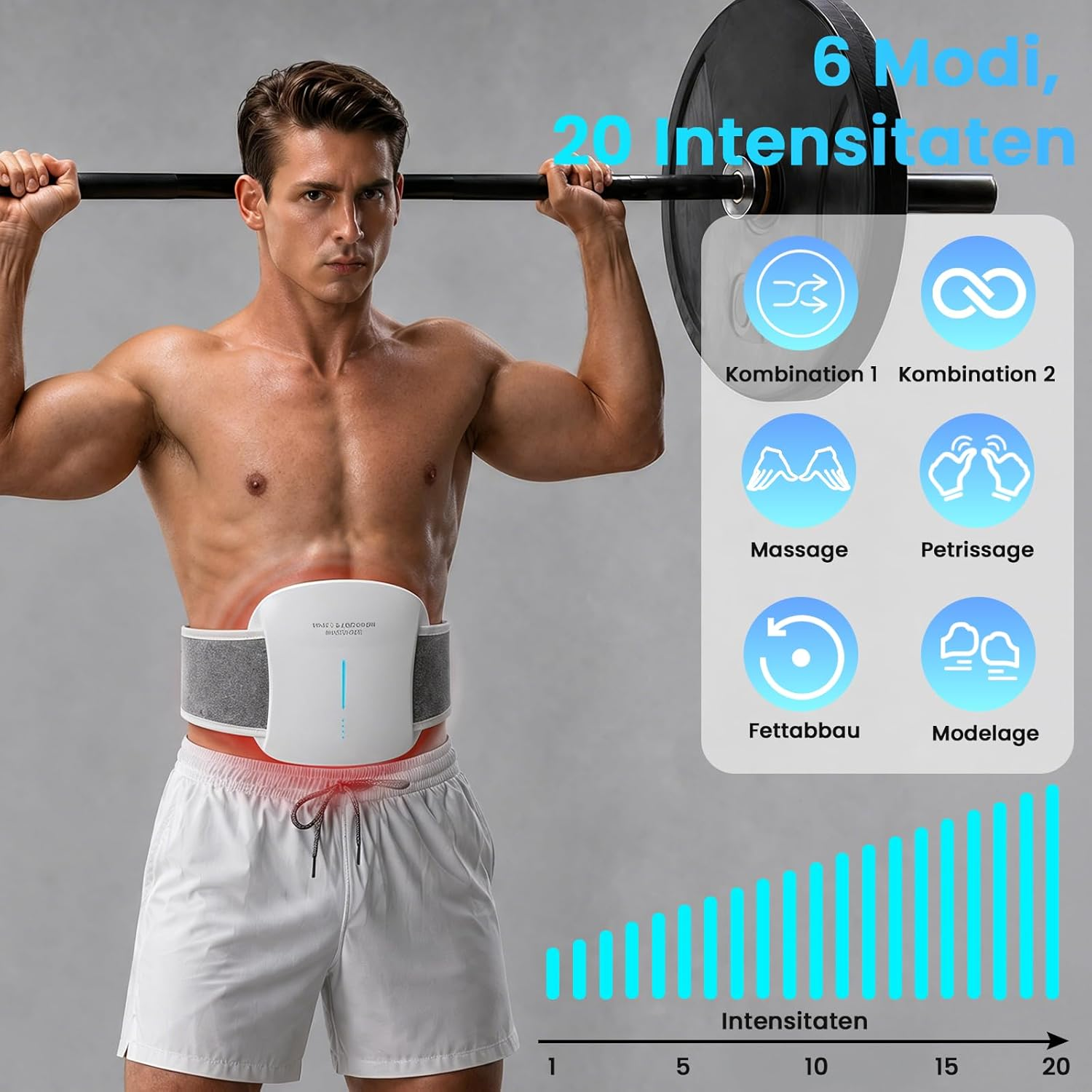 Muskulöser Mann mit Bauchgurt hält eine Hantel und ein Infografik-Overlay zeigt Trainingsmodi und Intensität.