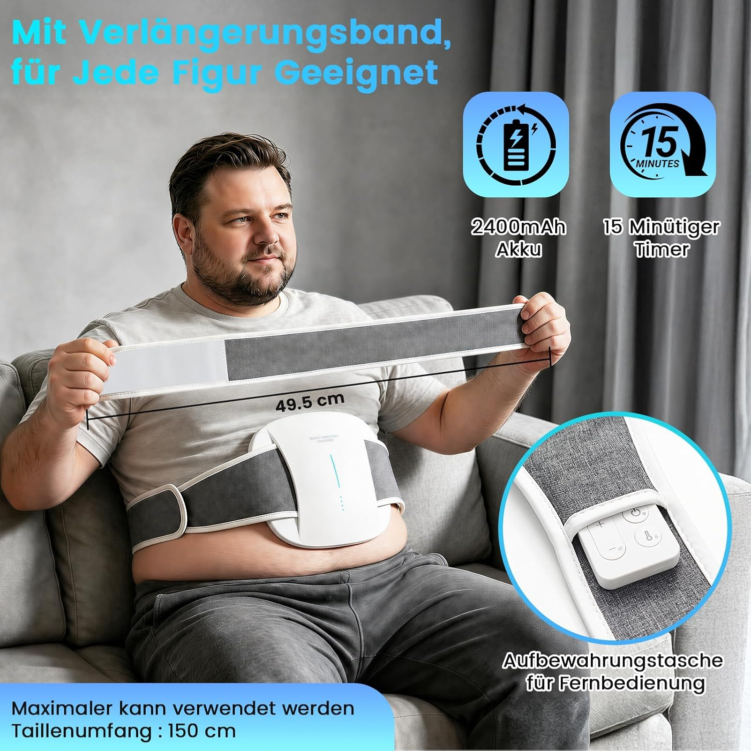 Ein Mann sitzt auf einem Sofa und hält einen grauen Verlängerungsgurt für ein weißes Massagegerät vor sich.
