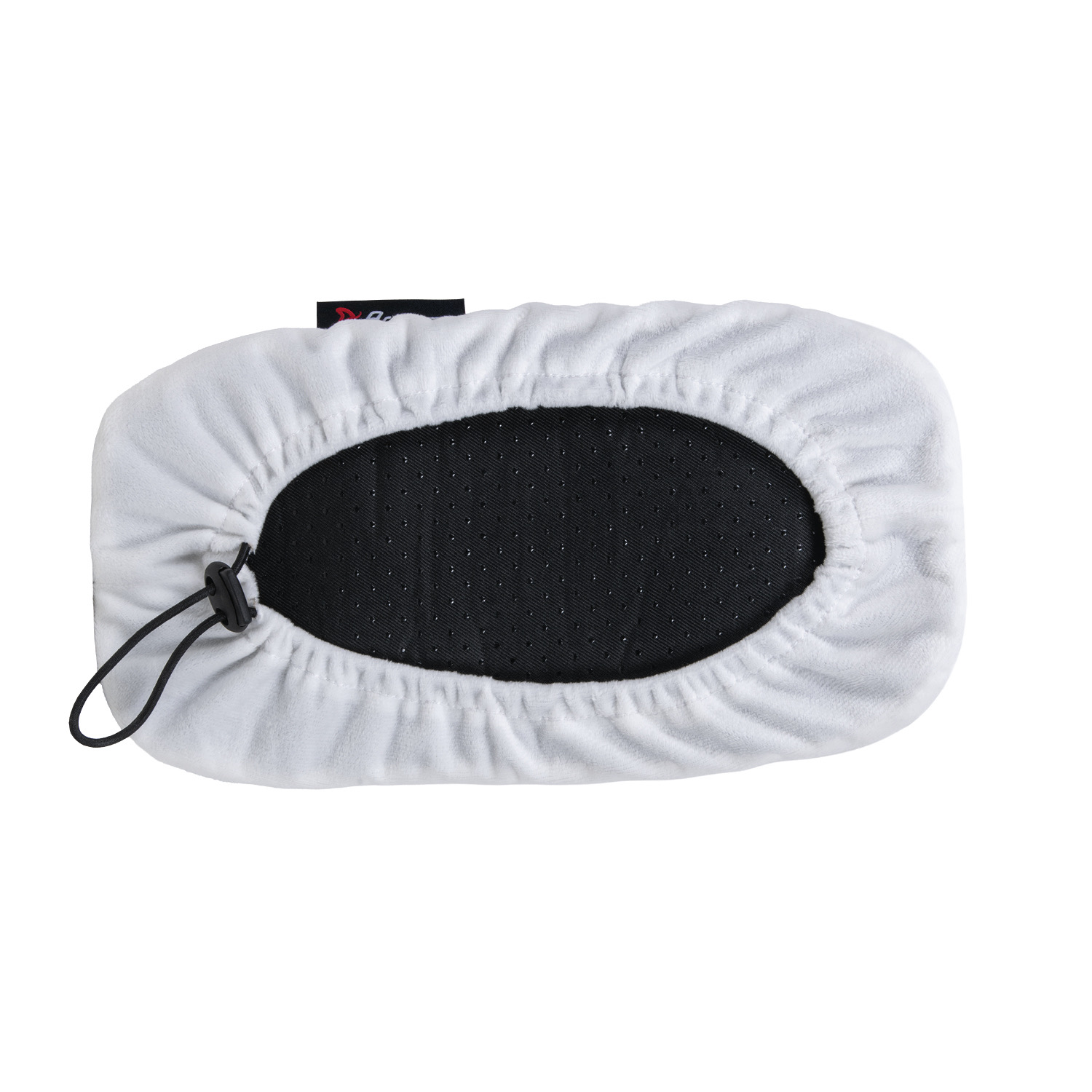 Una fodera in tessuto bianco con un centro nero testurizzato e coulisse.