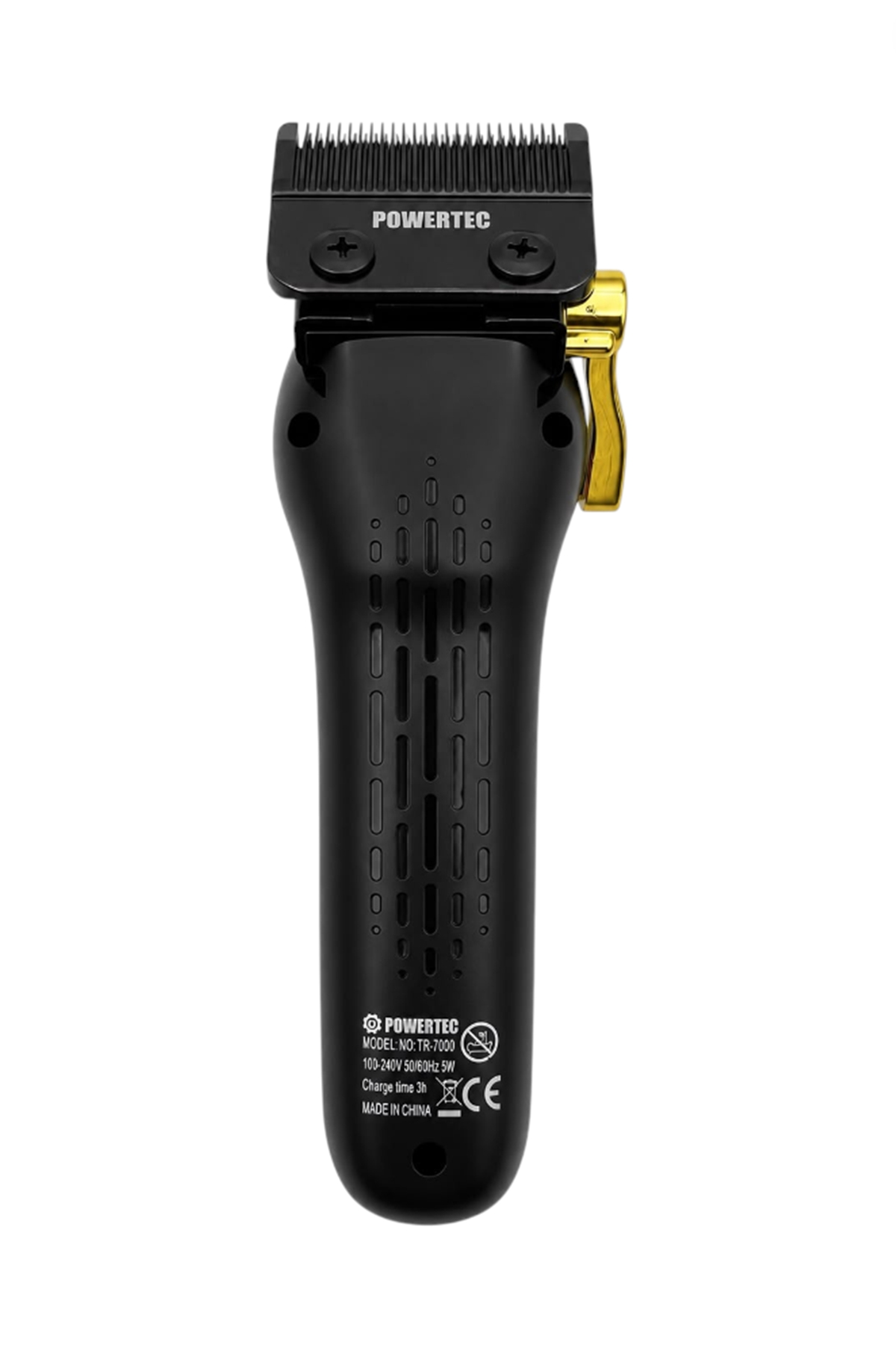 Beyaz arka planda altın rengi kollu, tırtıklı tutma saplı ve bıçaklı siyah Powertec saç kesme makinesi.