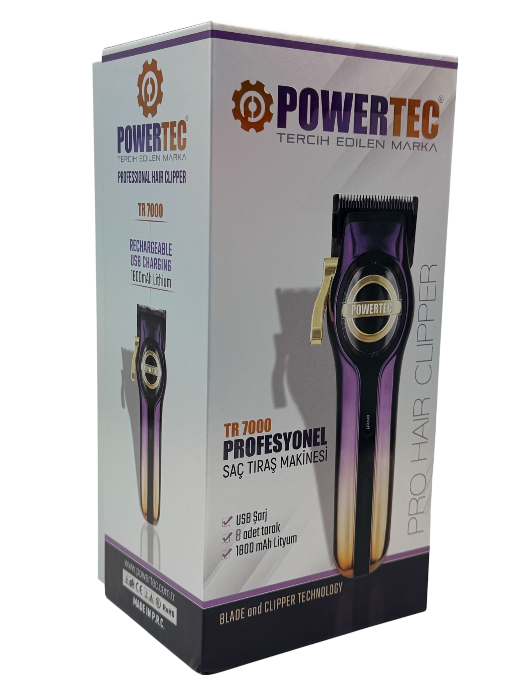 Mor ve altın renkli Powertec TR 7000 profesyonel saç kesme makinesi ürün kutusu.