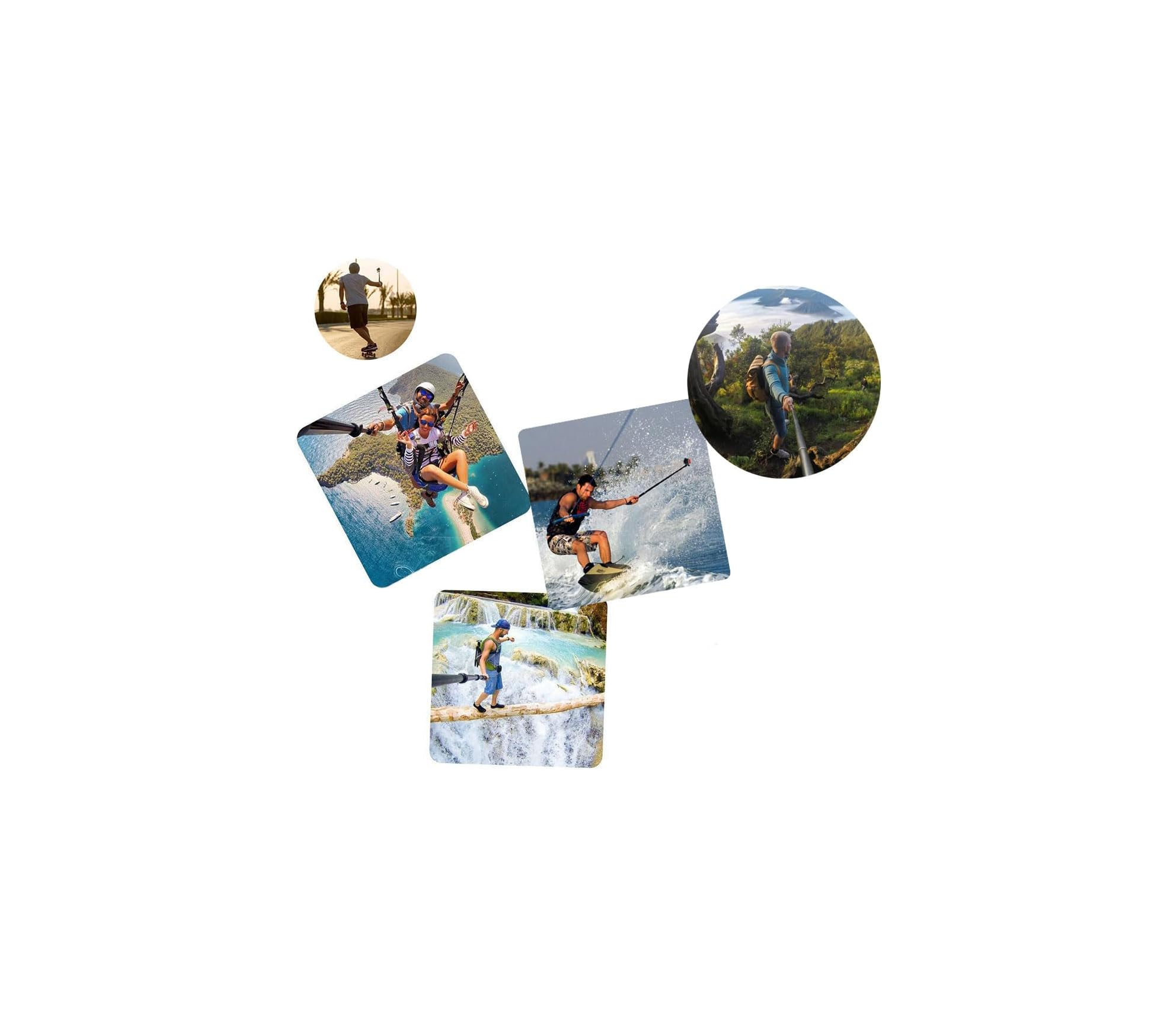 Collage von Menschen bei Outdoor-Abenteuern wie Skaten, Paragliding, Surfen, Wandern und Klettern an Wasserfällen.