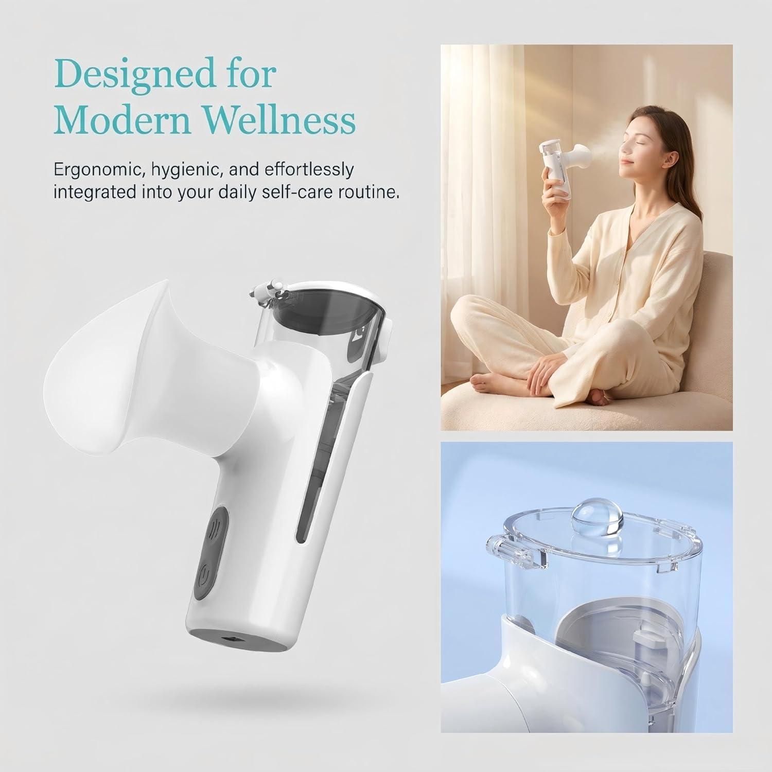 Ein weißes Wellnessgerät mit feinem Nebel, eine Frau nutzt es auf einer Couch und Details zeigen das Design.