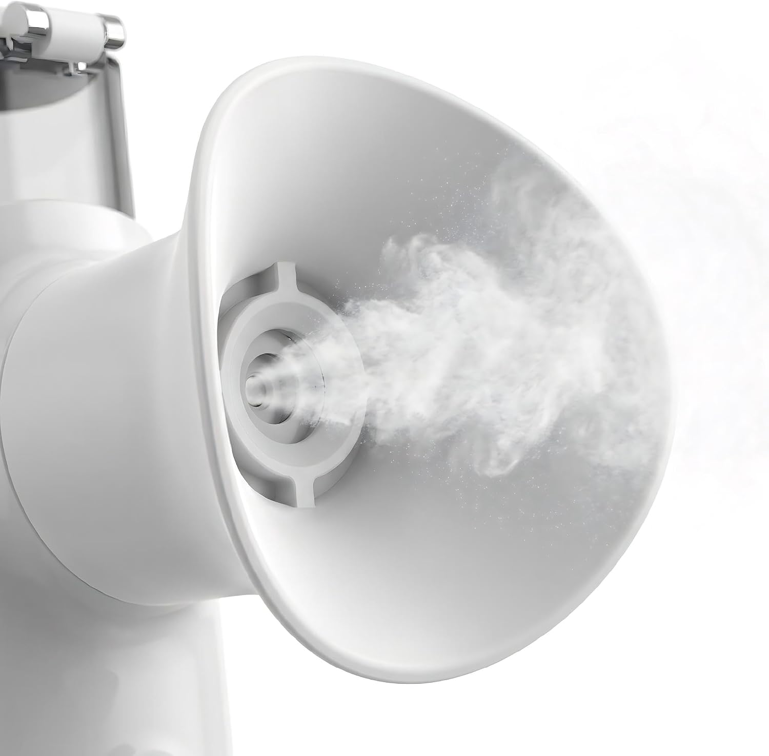 Ein weißes medizinisches Inhalationsgerät sprüht feinen Nebel aus.