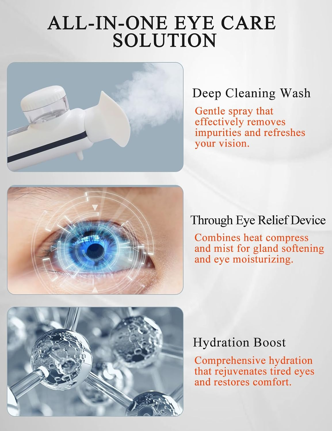Produktwerbung für All-in-One-Augenpflege mit Sprühgerät, Augen-Relief-Gerät und Feuchtigkeitsboost.