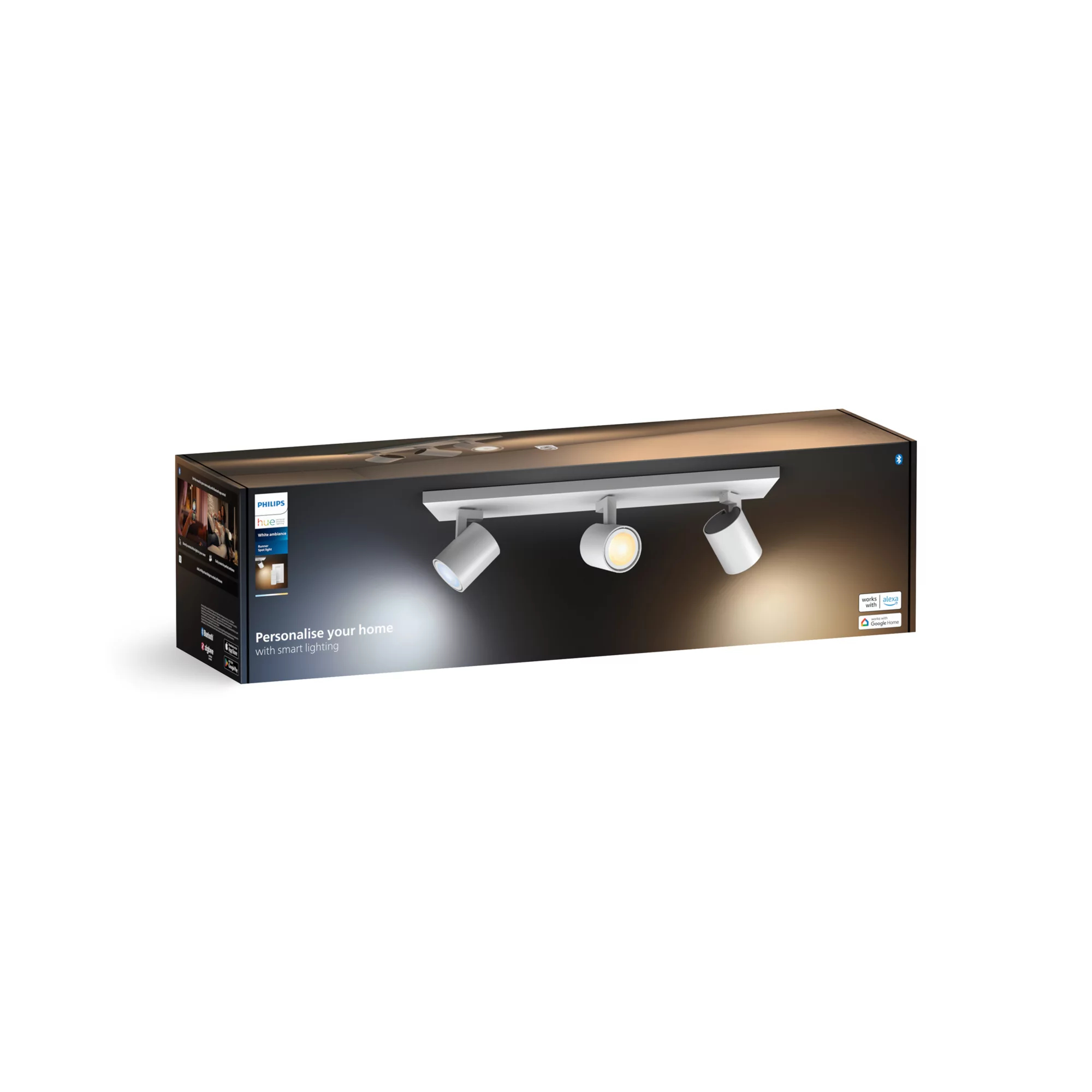 Confezione per la plafoniera LED Philips Hue Runner con tre faretti regolabili.