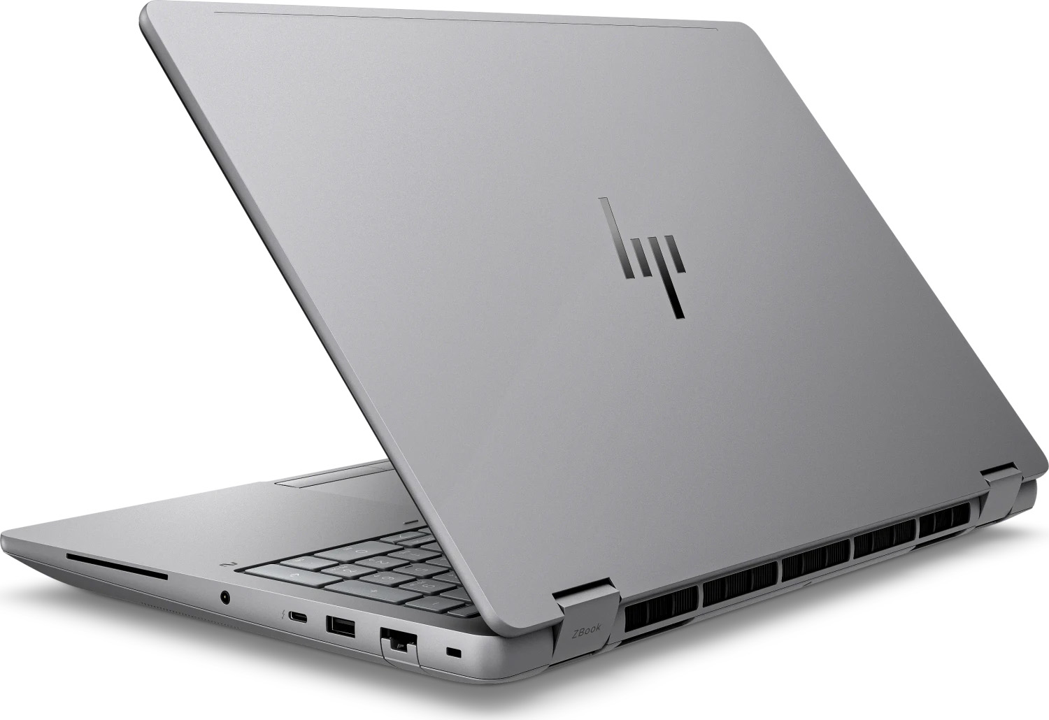 Srebrny laptop HP ZBook widziany od tyłu, widoczna klawiatura i logo.