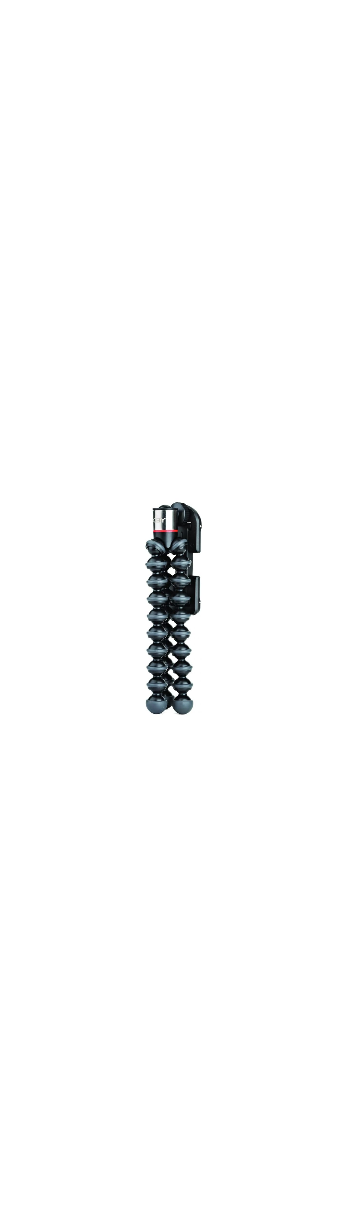 Ein schwarzes, flexibles Mini-Stativ mit Gelenkbeinen steht auf einem weißen Hintergrund.