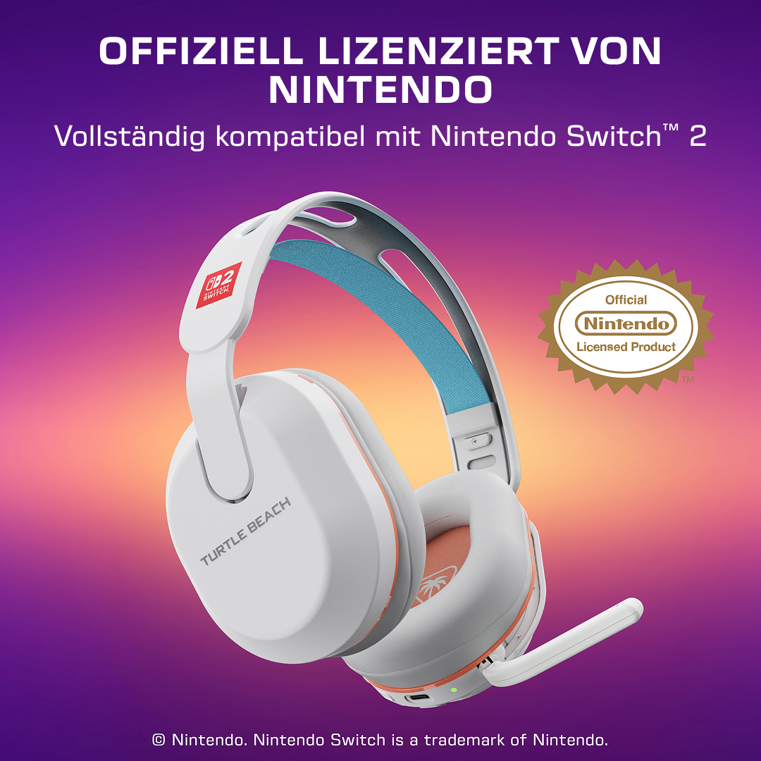 Weiß-türkise Turtle Beach Gaming-Headset mit Nintendo Switch-Logo auf einem lila Hintergrund.