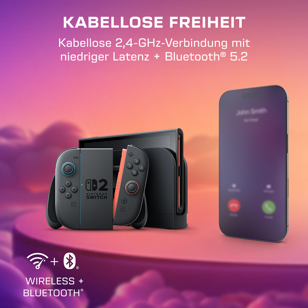 Nintendo Switch Konsole und Smartphone mit ankommendem Anruf vor violettem Hintergrund.