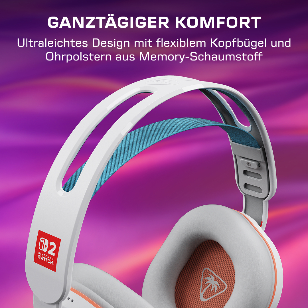 Weiß-blaues Gaming-Headset mit Nintendo Switch-Logo vor violettem Hintergrund.