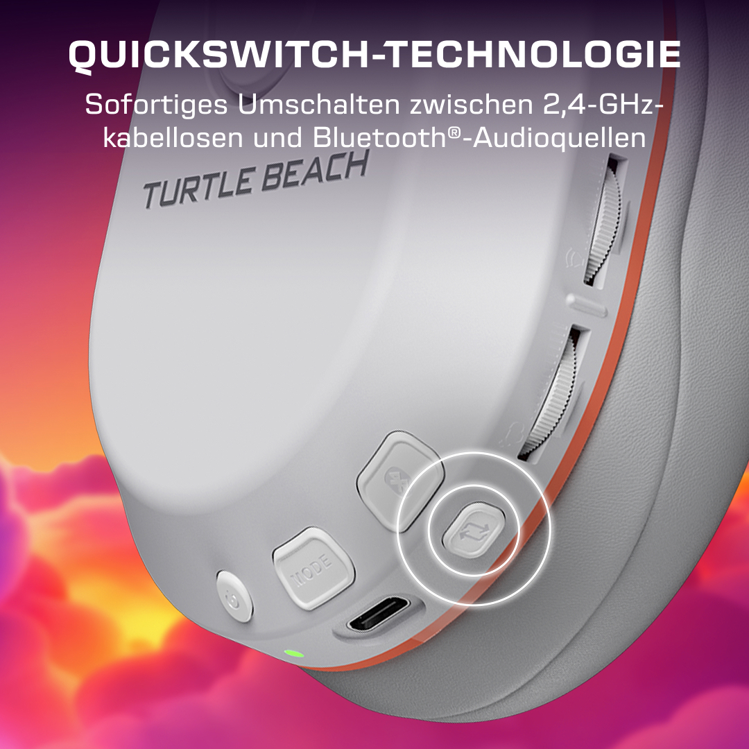 Nahaufnahme der Turtle Beach Kopfhörer mit hervorgehobener Quick-Switch-Taste.