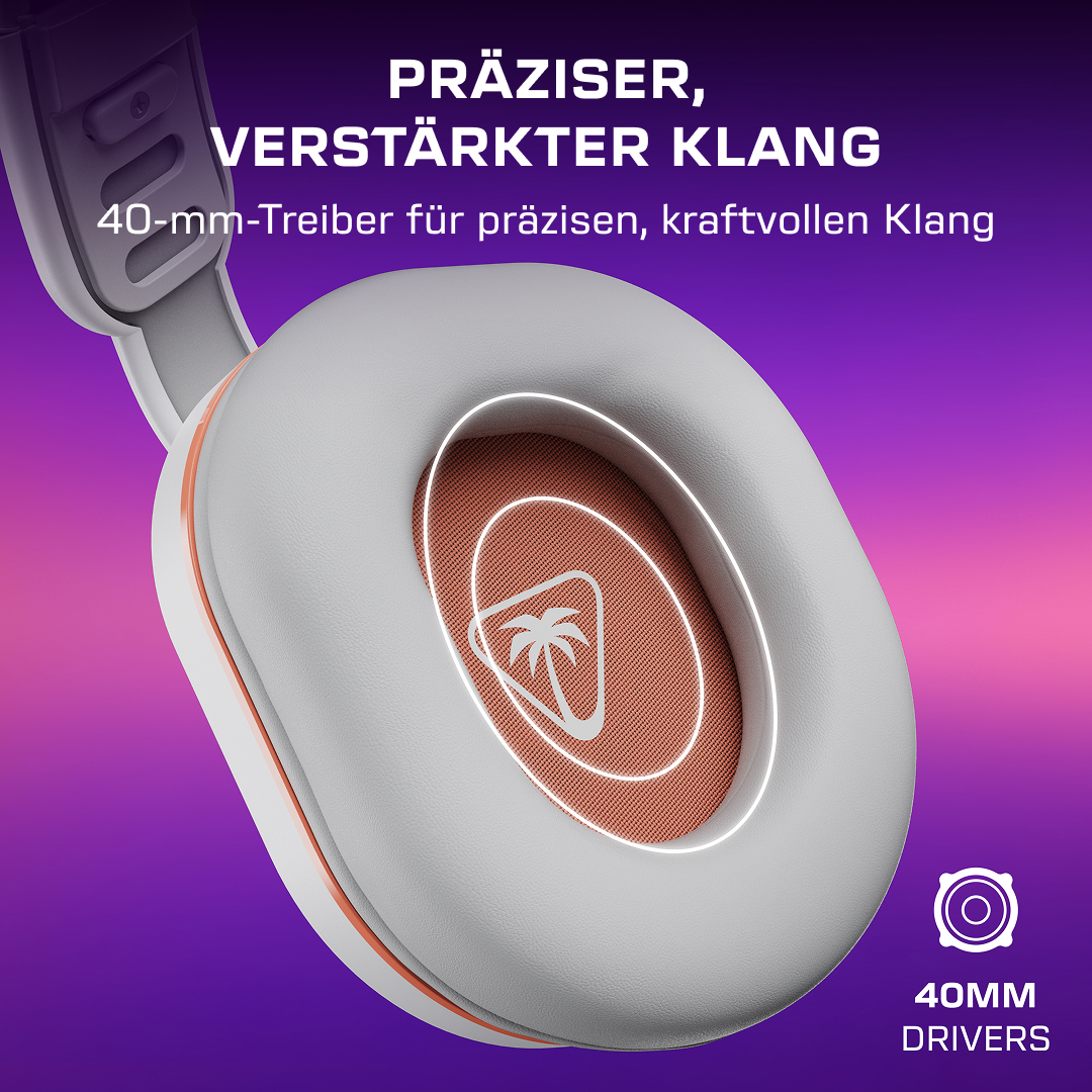 Nahaufnahme einer weißen und orangefarbenen Kopfhörermuschel mit 40-mm-Treiber auf violettem Hintergrund.