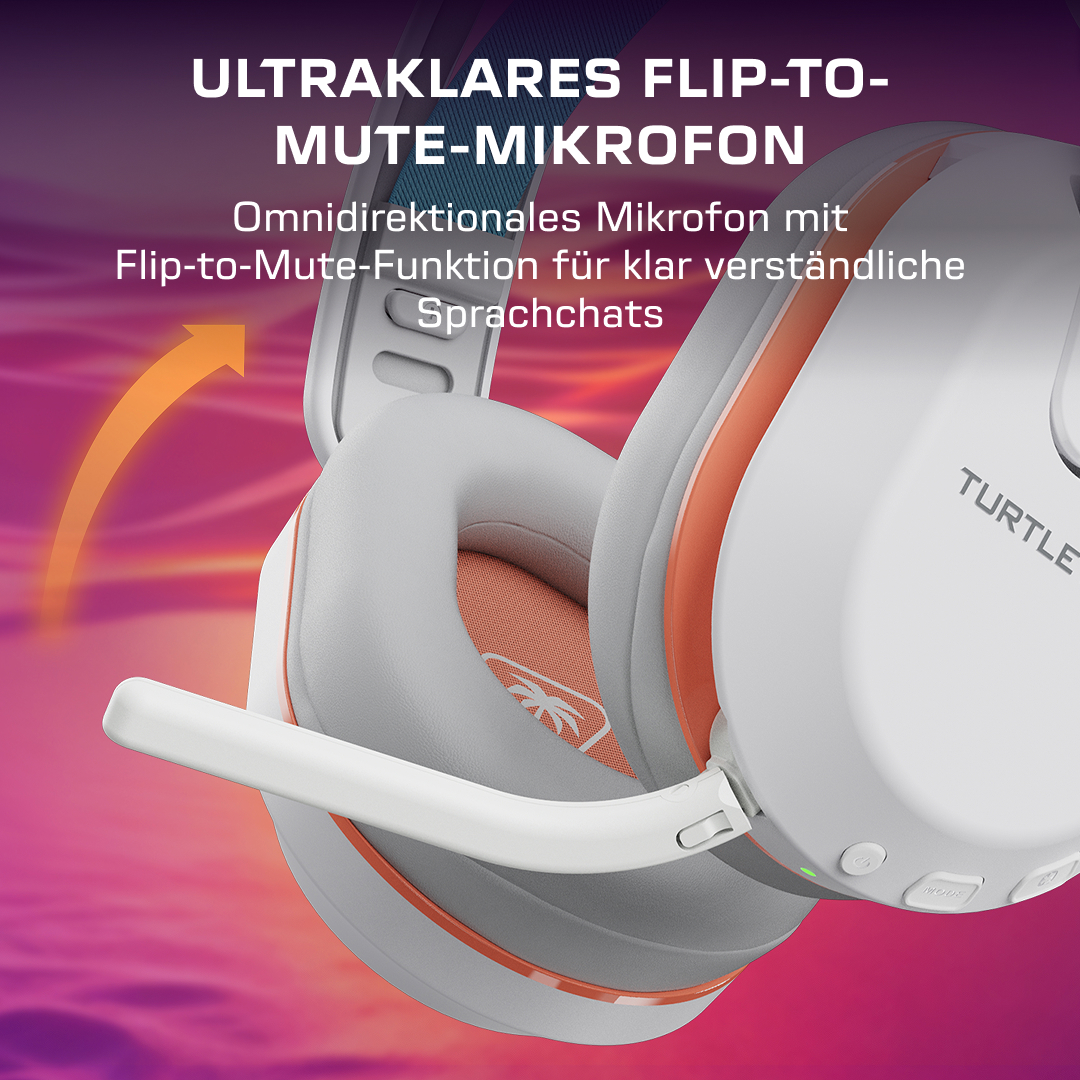 Weiß-orangenes Gaming-Headset mit Flip-to-Mute-Mikrofon vor pinkem Hintergrund.