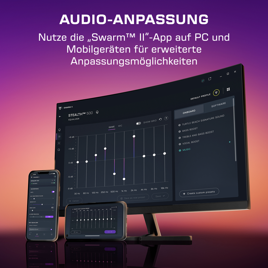 App zur Audio-Anpassung mit Equalizer auf PC und Mobilgeräten vor violettem Hintergrund.