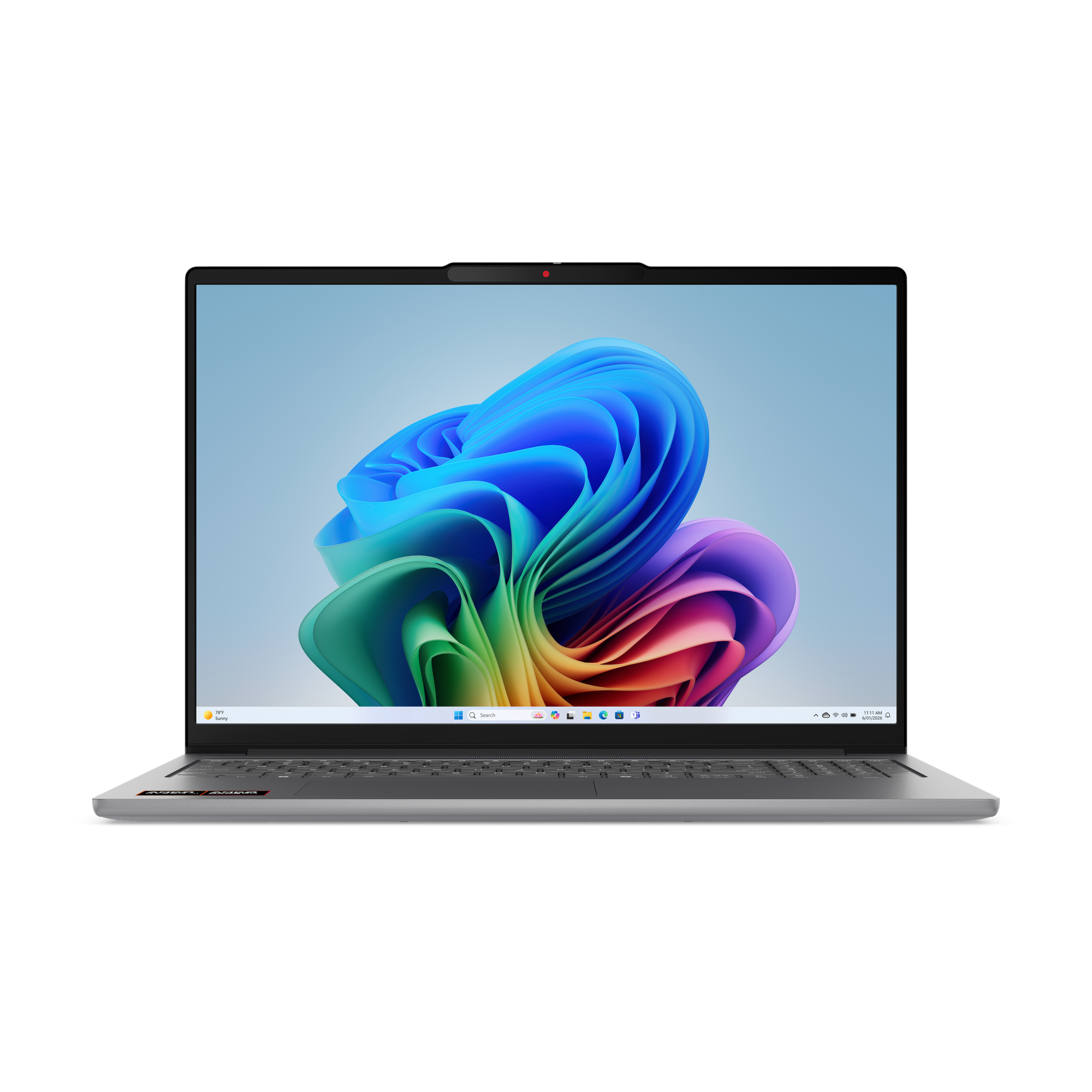 Ein silberner Laptop mit einem bunten Windows-11-Hintergrundbild und einer sichtbaren Tastatur.