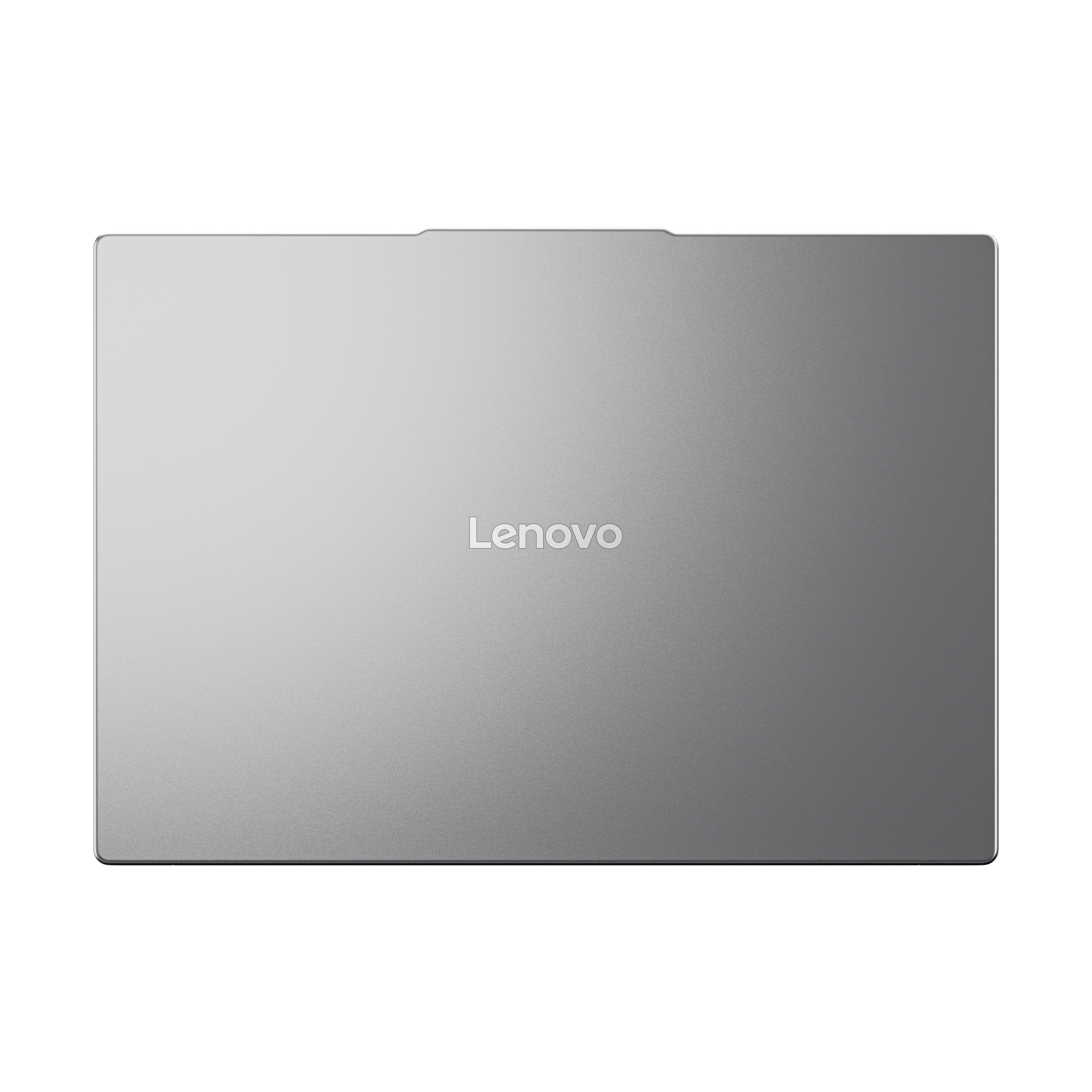 Geschlossener silberner Lenovo-Laptop von oben auf weißem Hintergrund.