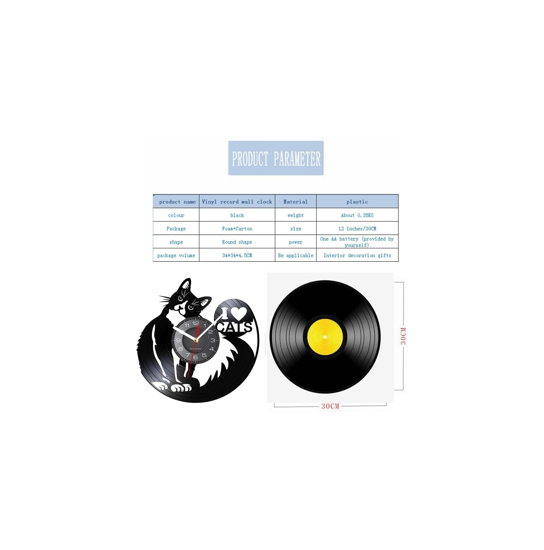Produktdetails für eine schwarze Vinyl-Schallplatten-Wanduhr mit Katzen-Motiv und 30 cm Durchmesser.