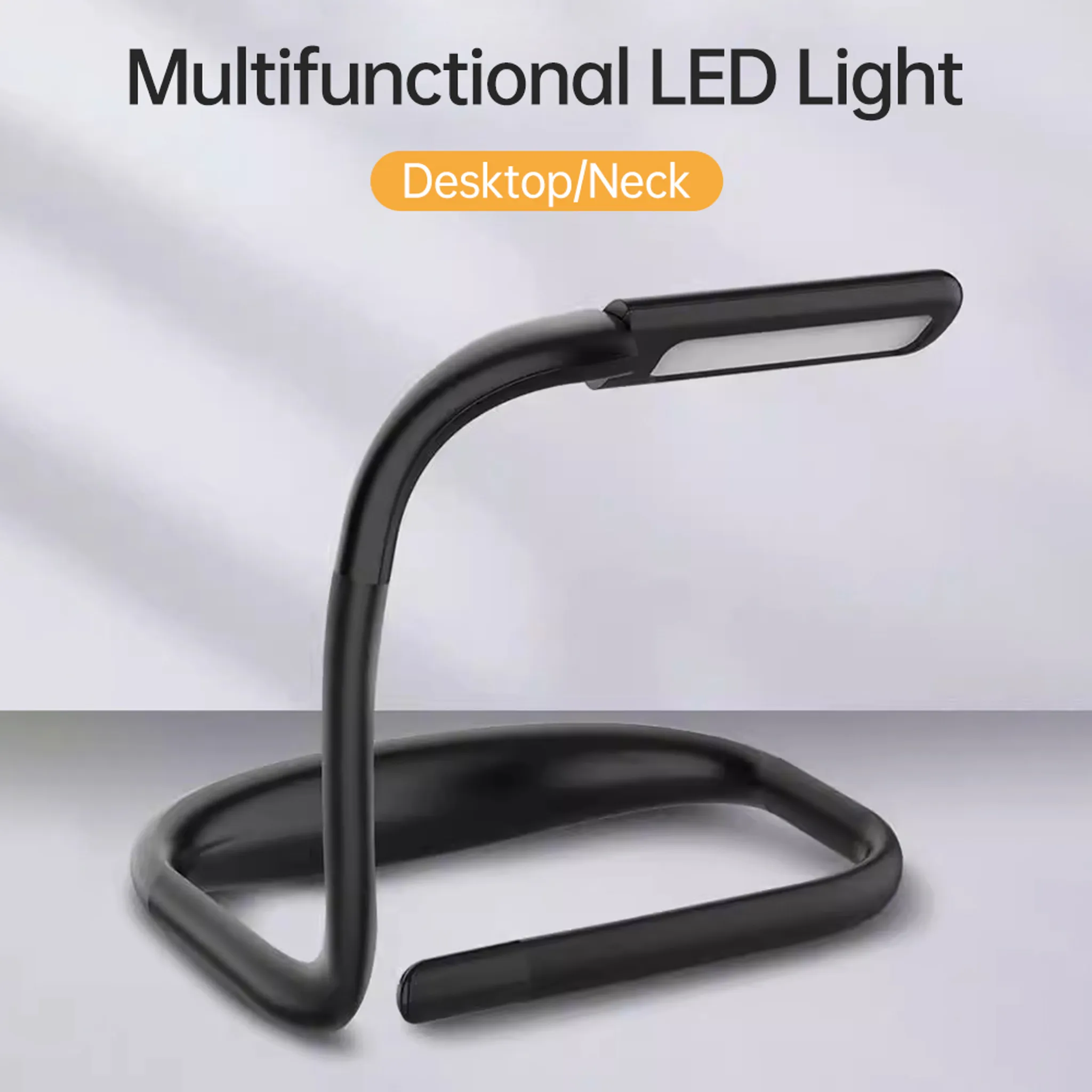 Eine flexible schwarze LED-Leuchte auf grauem Hintergrund, nutzbar als Tisch- oder Nackenleuchte.