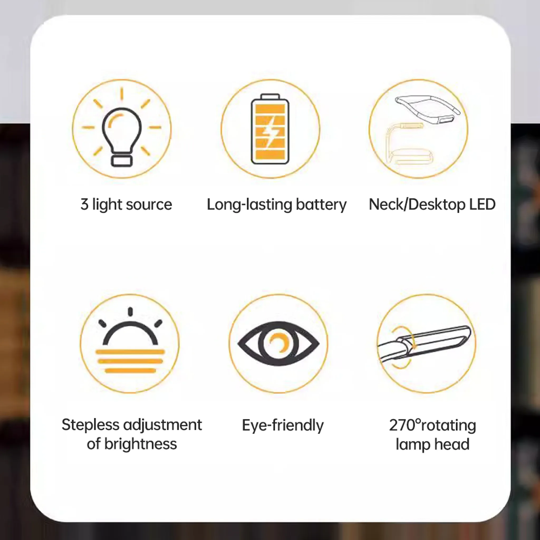 Sechs Icons zeigen LED-Lampenfunktionen wie Helligkeit und Akku.