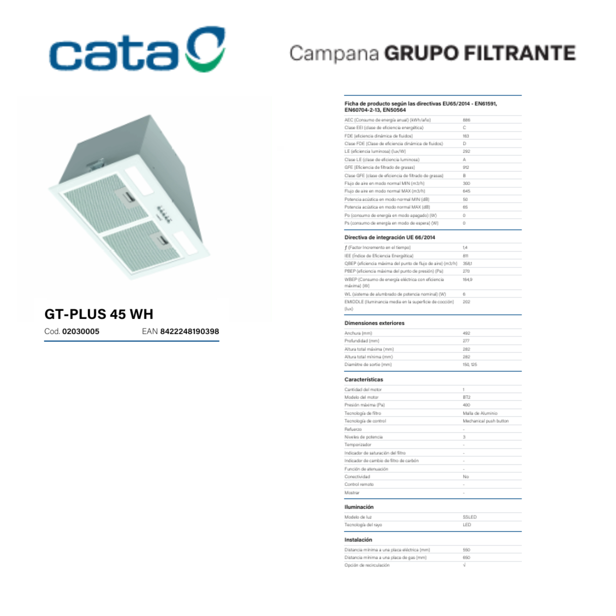 Scheda prodotto della cappa Cata GT-PLUS 45 WH con specifiche tecniche.