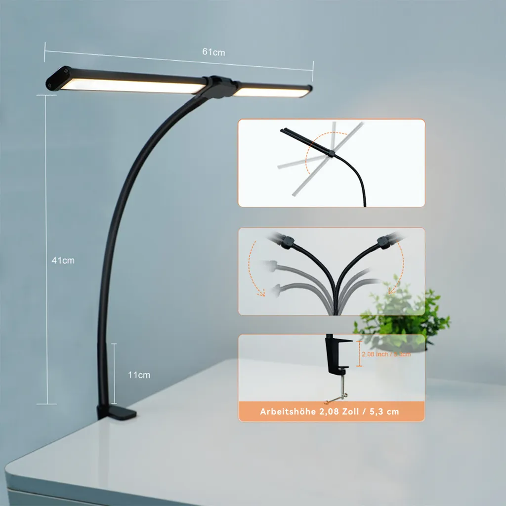 Schwarze Schreibtischlampe mit Klemme, Maßen und Insets, die ihre Flexibilität zeigen.