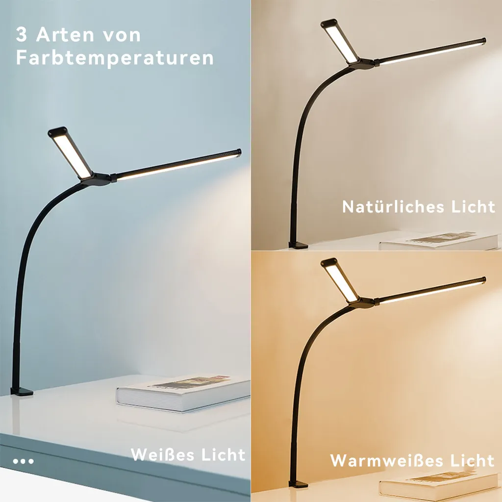 Eine schwarze Schreibtischlampe mit drei verschiedenen Farbtemperaturen auf einem Tisch.
