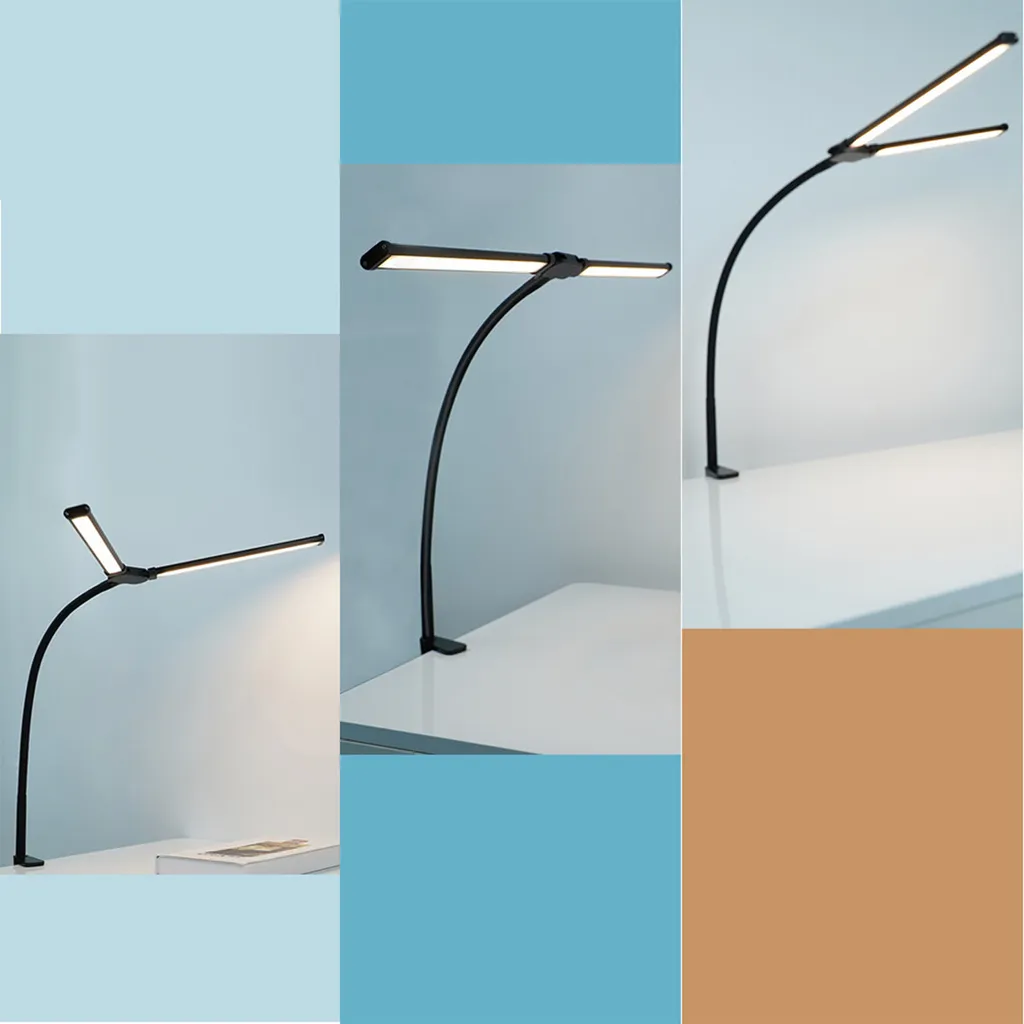Drei Panele zeigen eine schwarze, flexible Schreibtischlampe mit zwei verstellbaren LED-Leisten.
