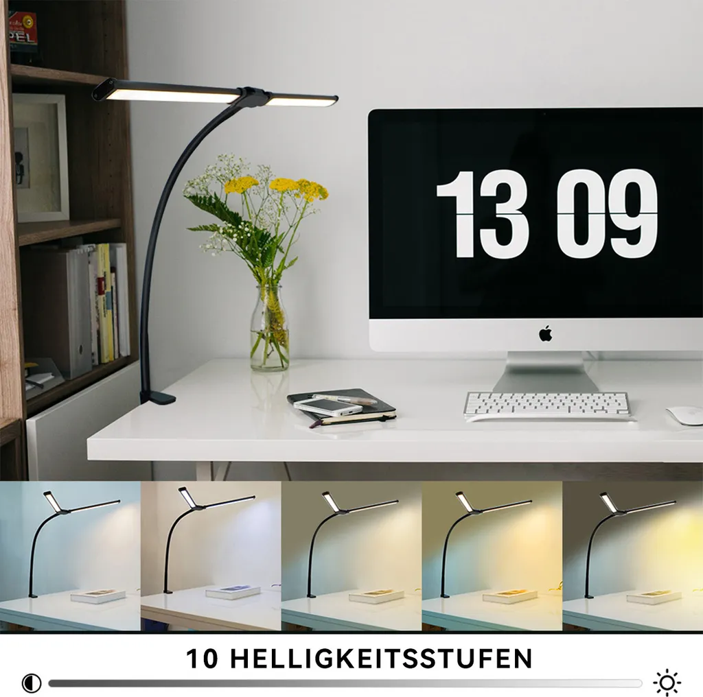 Ein weißer Schreibtisch mit Monitor, Lampe und Blumenvase. Unten zeigt er fünf verschiedene Lichtstufen.