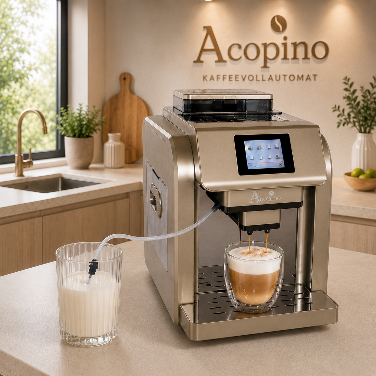Ein goldener Acopino Kaffeevollautomat auf einer Theke bereitet einen Cappuccino zu, daneben steht ein Glas Milch.