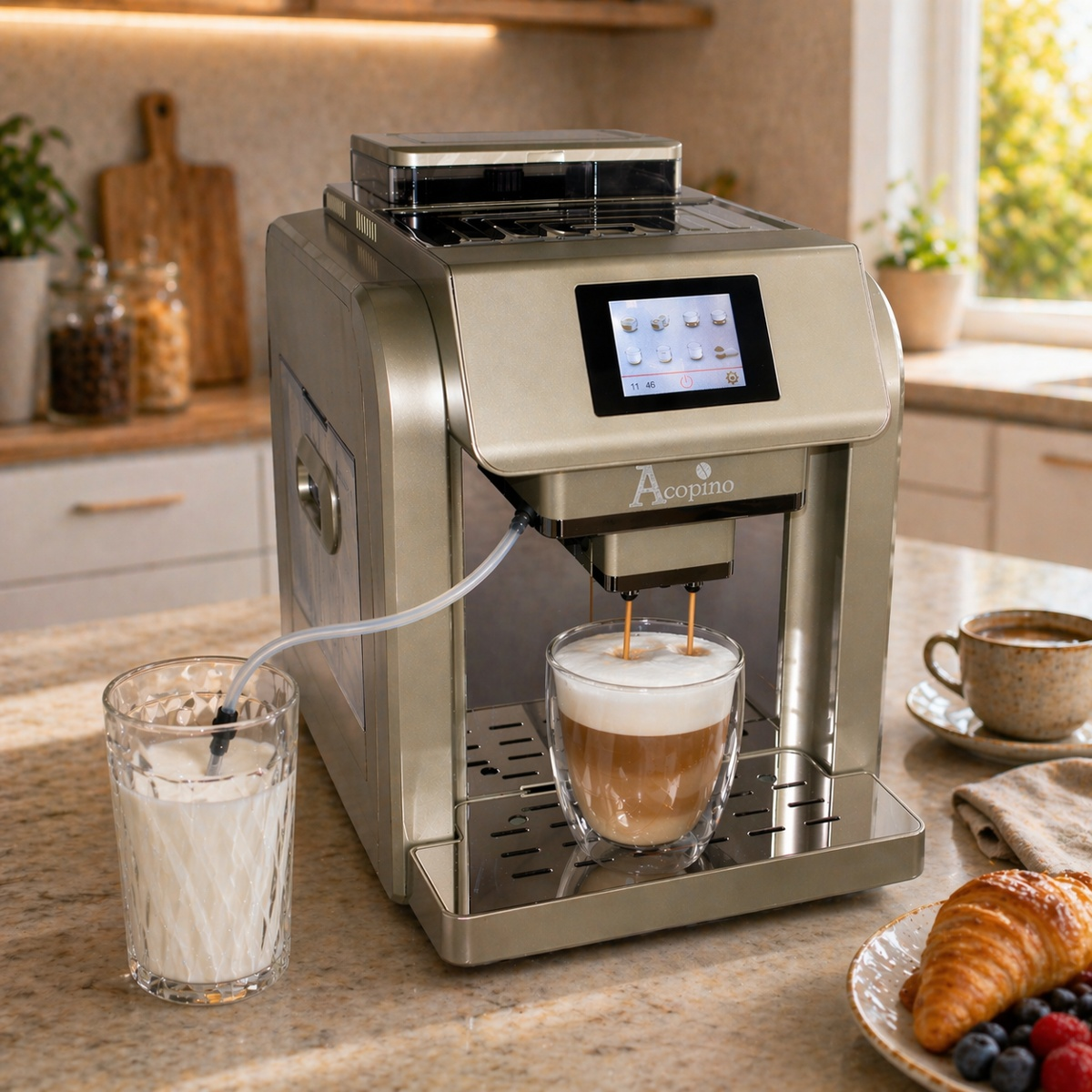 Eine goldene Kaffeemaschine auf einer Küchentheke bereitet einen Latte Macchiato in einem Glas zu.
