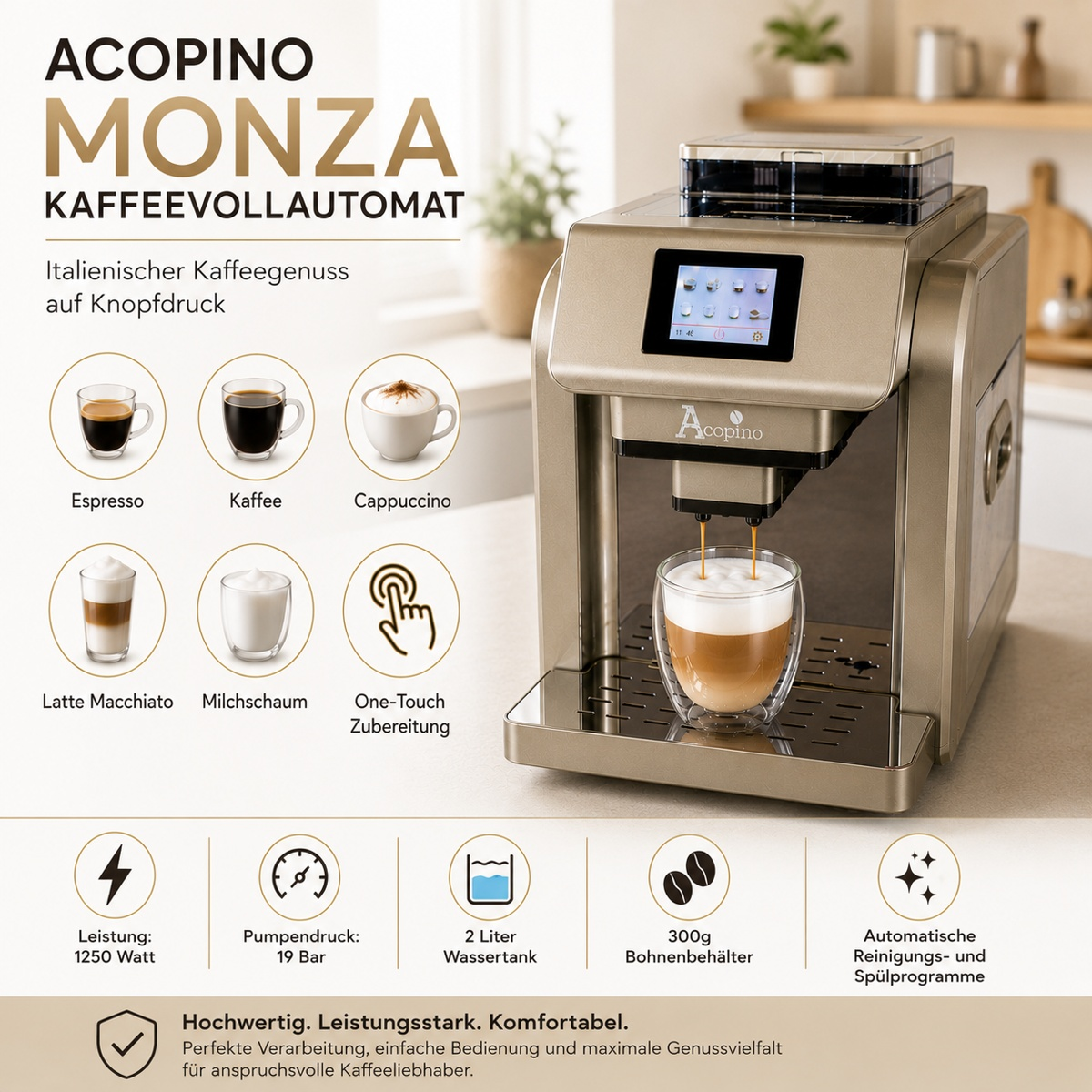Acopino Monza goldene Kaffeemaschine auf einer Theke, die ein geschichtetes Getränk eingießt, mit Symbolen.
