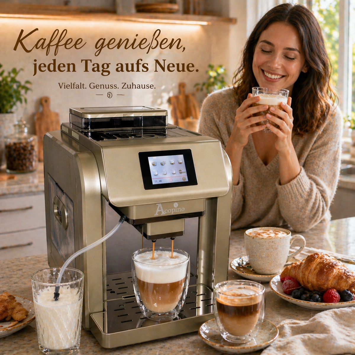 Eine Frau lächelt glücklich mit einer Kaffeetasse neben einer goldenen Kaffeemaschine mit einem Croissant auf einem Teller.