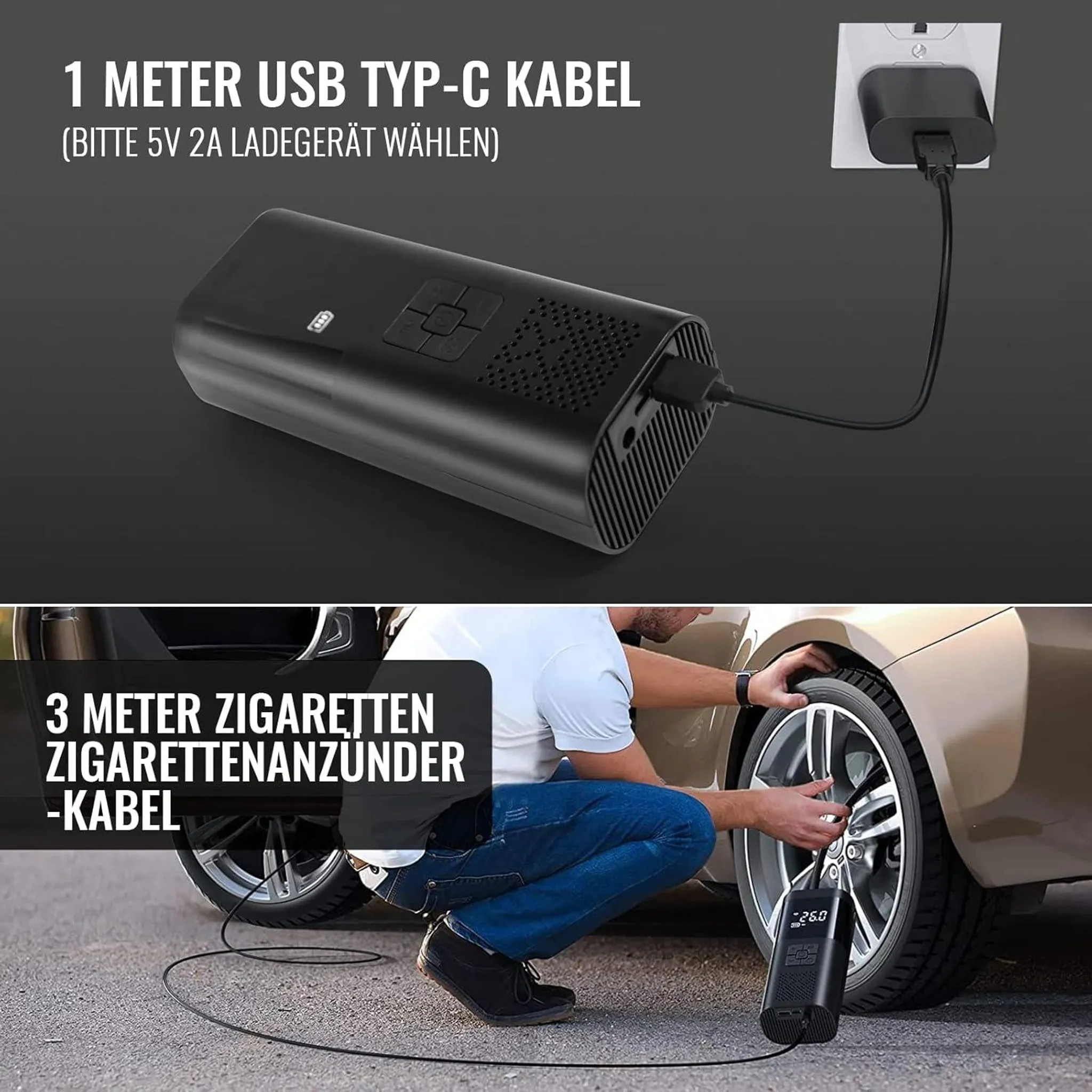 Tragbarer Luftkompressor wird über USB-C geladen und pumpt den Autoreifen auf.