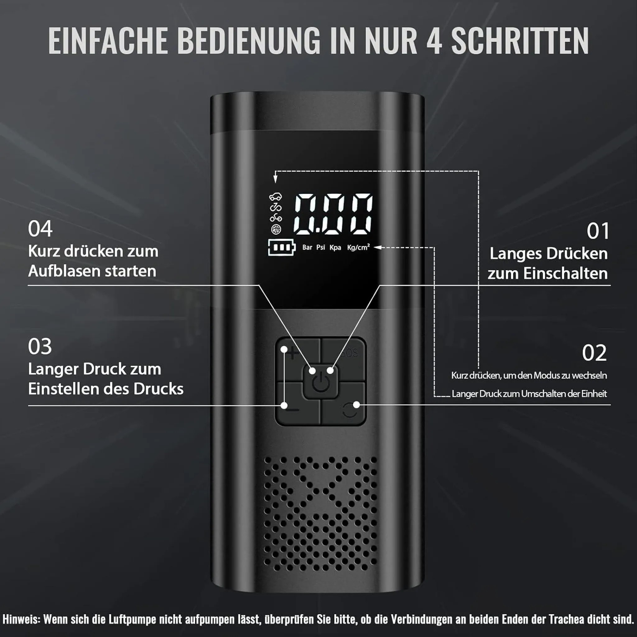 Eine schwarze elektrische Luftpumpe mit digitalem Display, Tasten und deutscher Bedienungsanleitung in 4 Schritten.