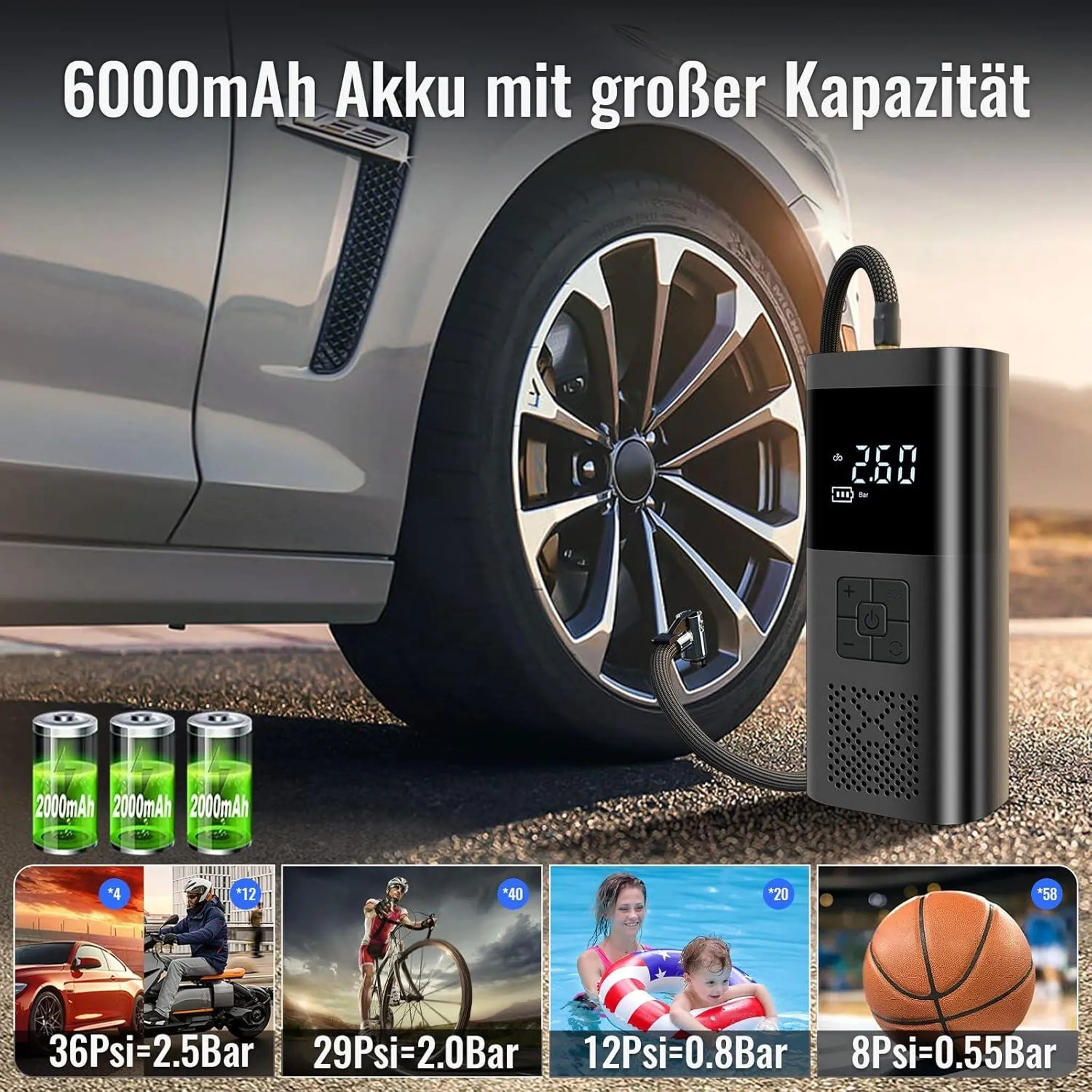 Tragbare Luftpumpe an einem Autoreifen angeschlossen, mit Batteriesymbolen und Anwendungsbeispielen unten.