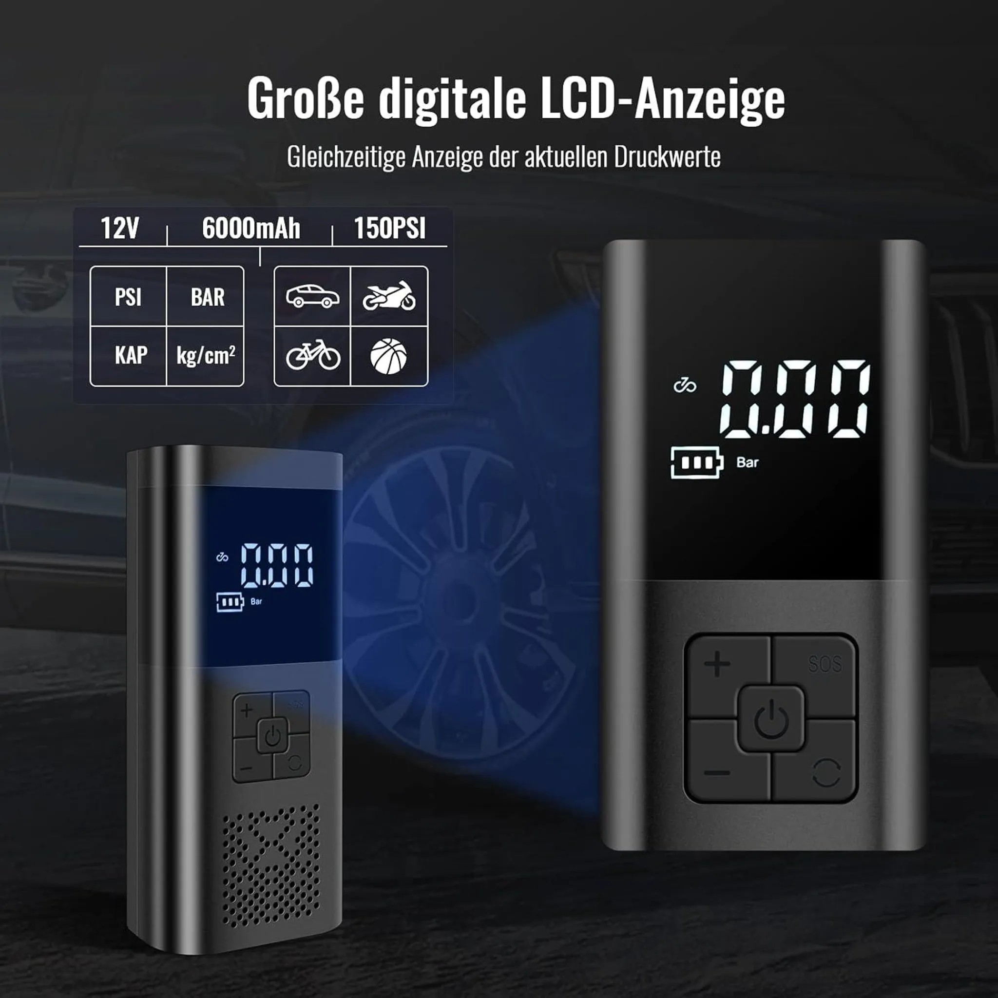 Digitale Luftpumpe mit LCD-Display, Steuerungstasten und Icons für Autos, Motorräder, Fahrräder und Bälle.
