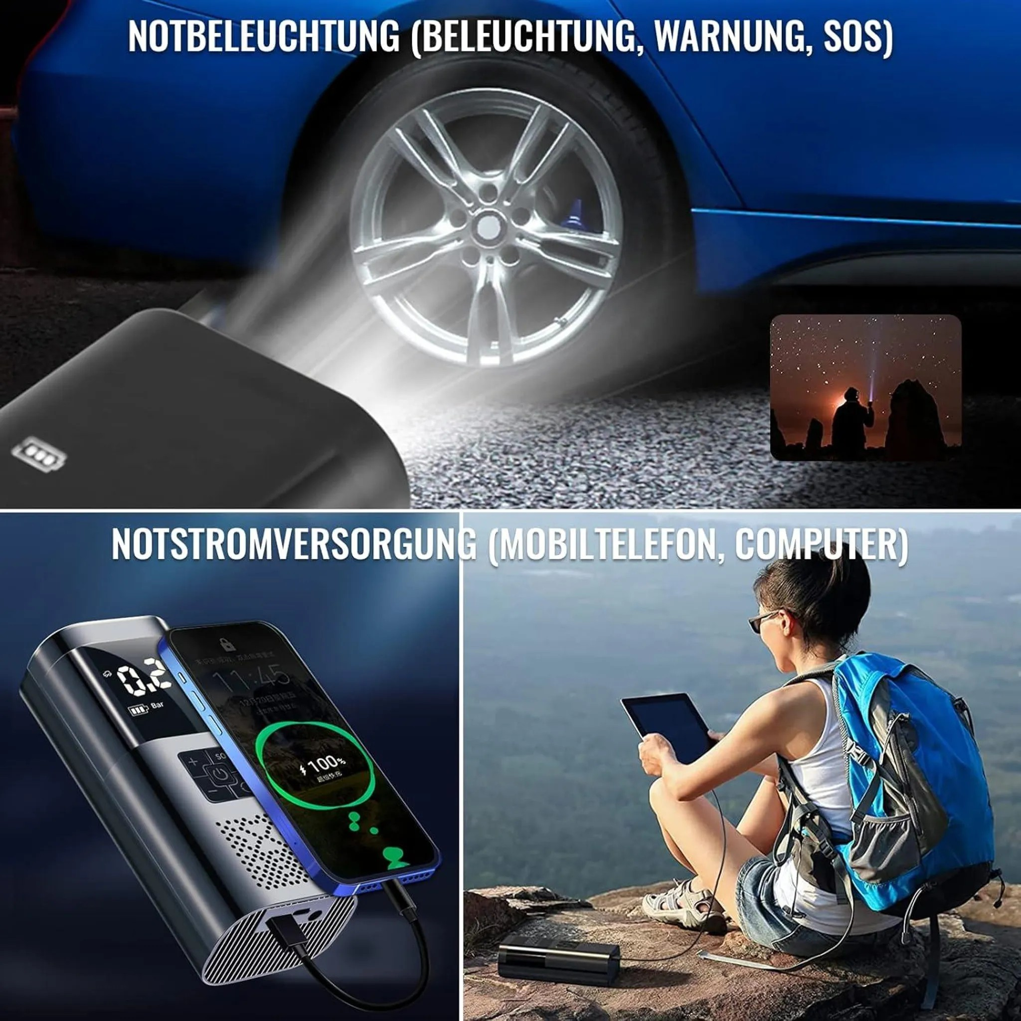 Tragbares Gerät dient als Notbeleuchtung, Powerbank für Smartphones und Laptops sowie Reifenfüller.