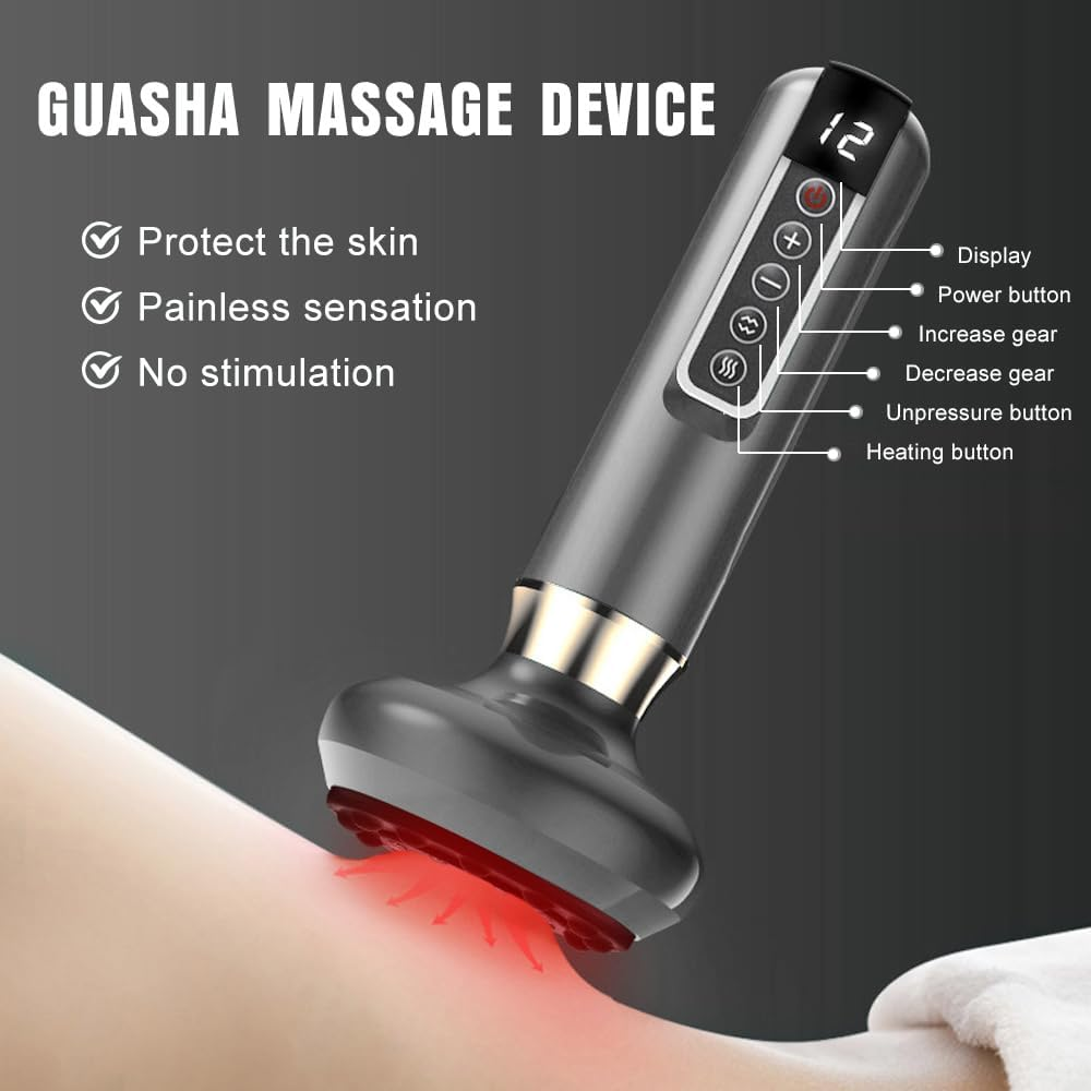 Ein Guasha-Massagegerät mit Bedientasten, Digitaldisplay und rotem Licht auf der Haut.