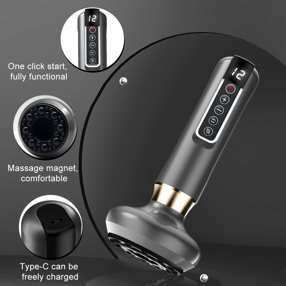 Ein tragbares Massagegerät mit digitalem Display, Magnetkopf und Type-C Ladeanschluss.